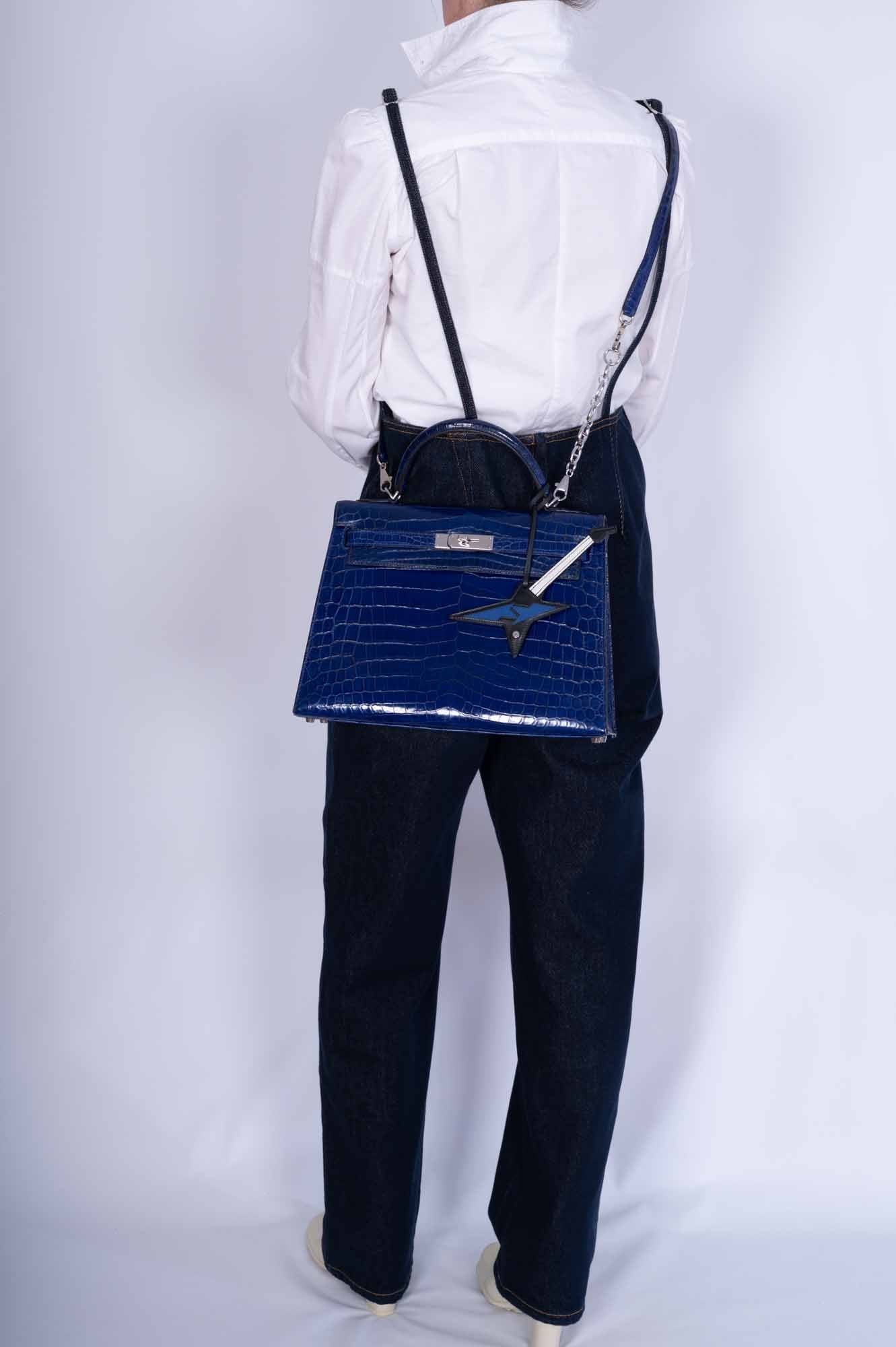 Hermès Kelly 32 Sellier Blue Electric Shiny Niloticus Crocodile Palladium Hardware