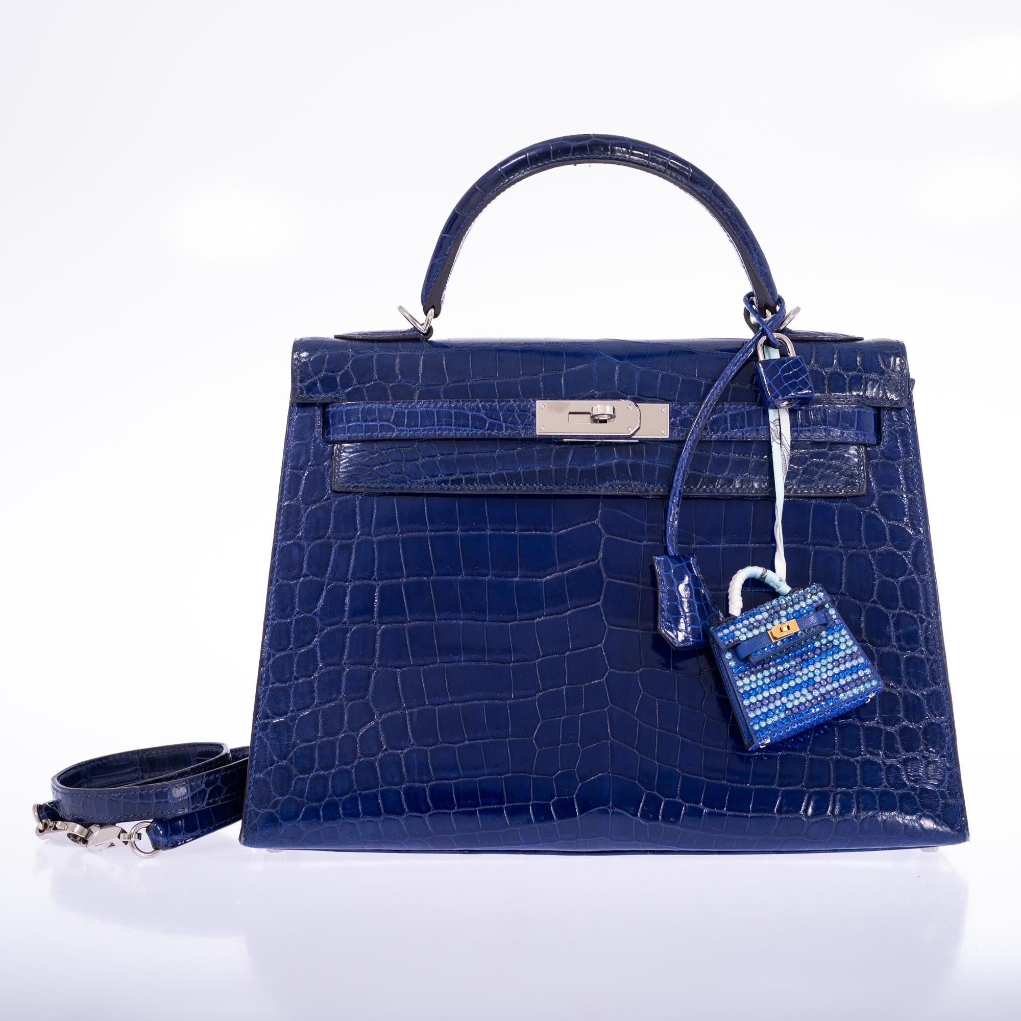 Hermès Kelly 32 Sellier Blue Electric Shiny Porosus Crocodile Palladium Hardware