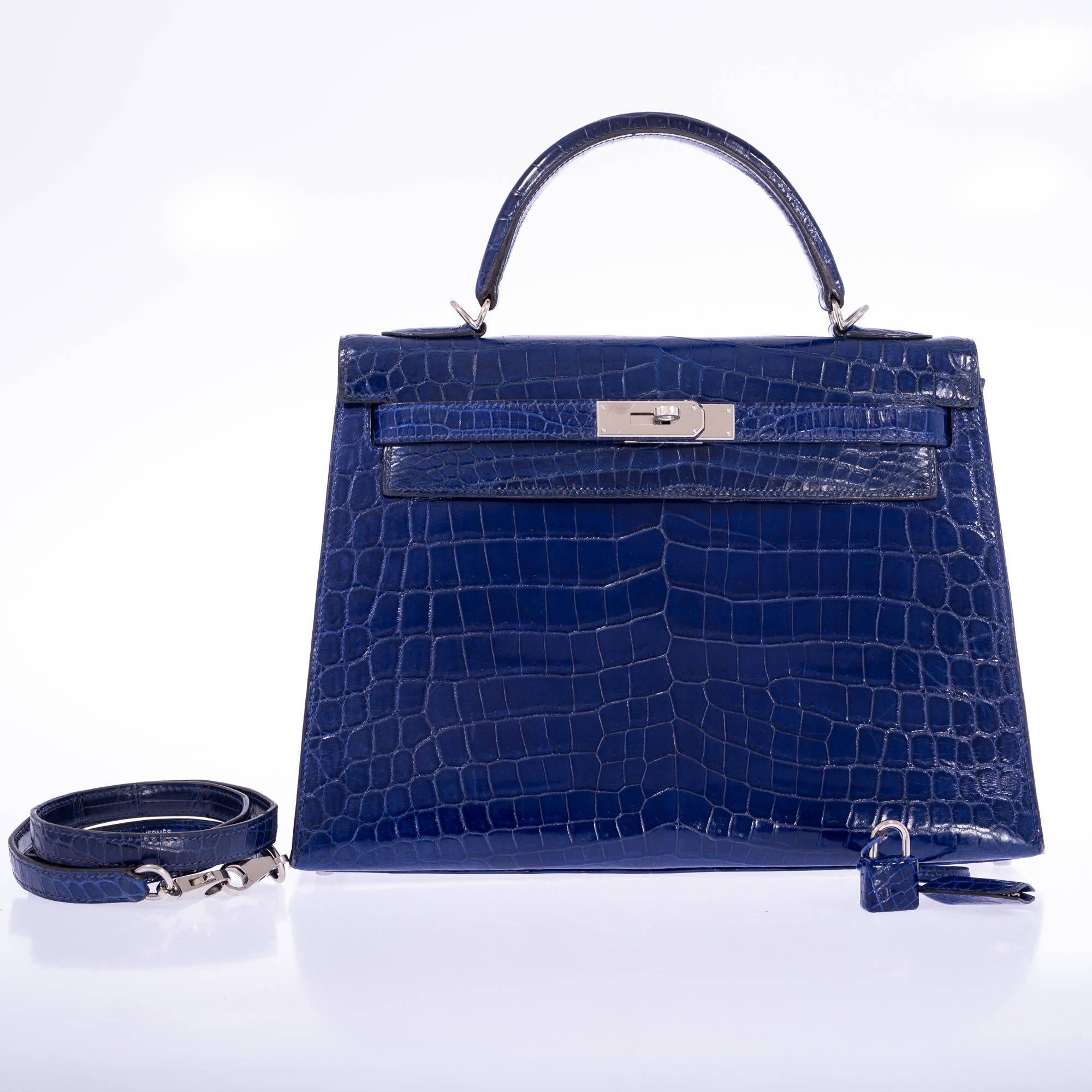 Hermès Kelly 32 Sellier Blue Electric Shiny Porosus Crocodile Palladium Hardware