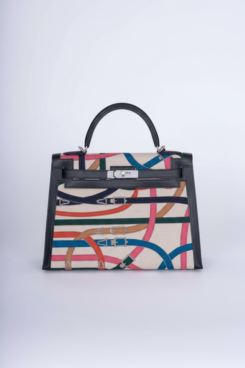 Hermès Kelly 32 Sellier Toile De Camp Cavalcadour Palladium Hardware