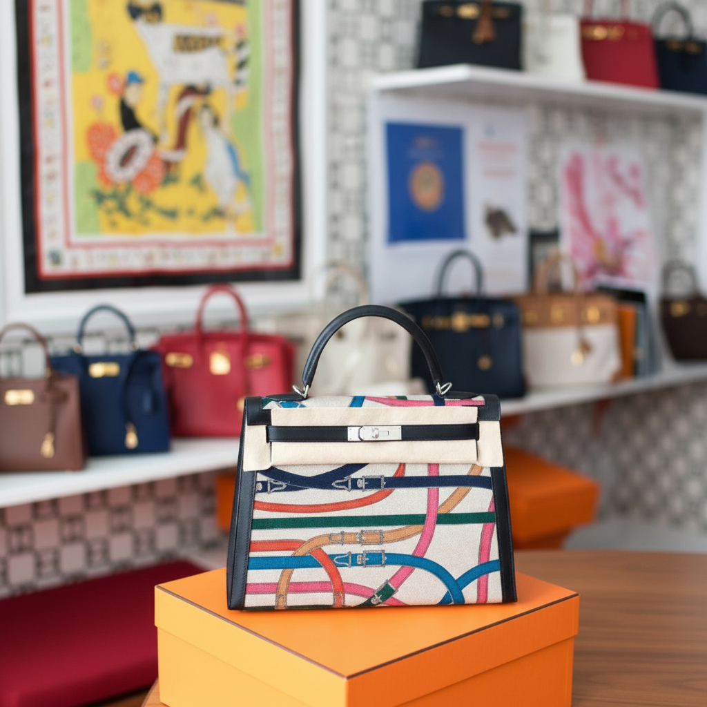 Hermès Kelly 32 Sellier Toile De Camp Cavalcadour Palladium Hardware