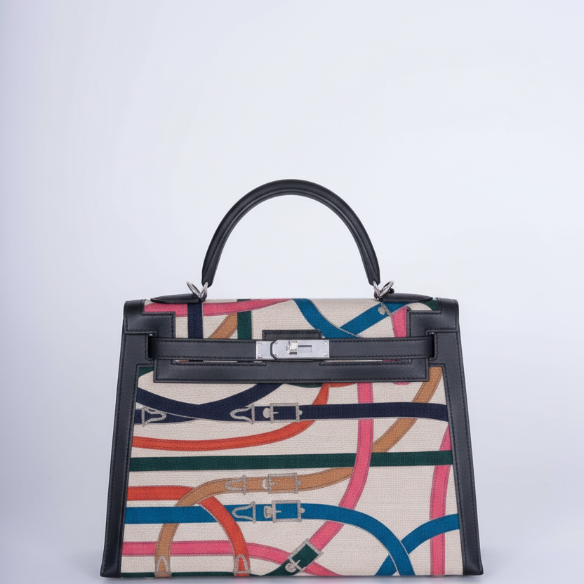 Hermès Kelly 32 Sellier Toile de Camp Cavalcadour and Noir Leather Palladium Hardware