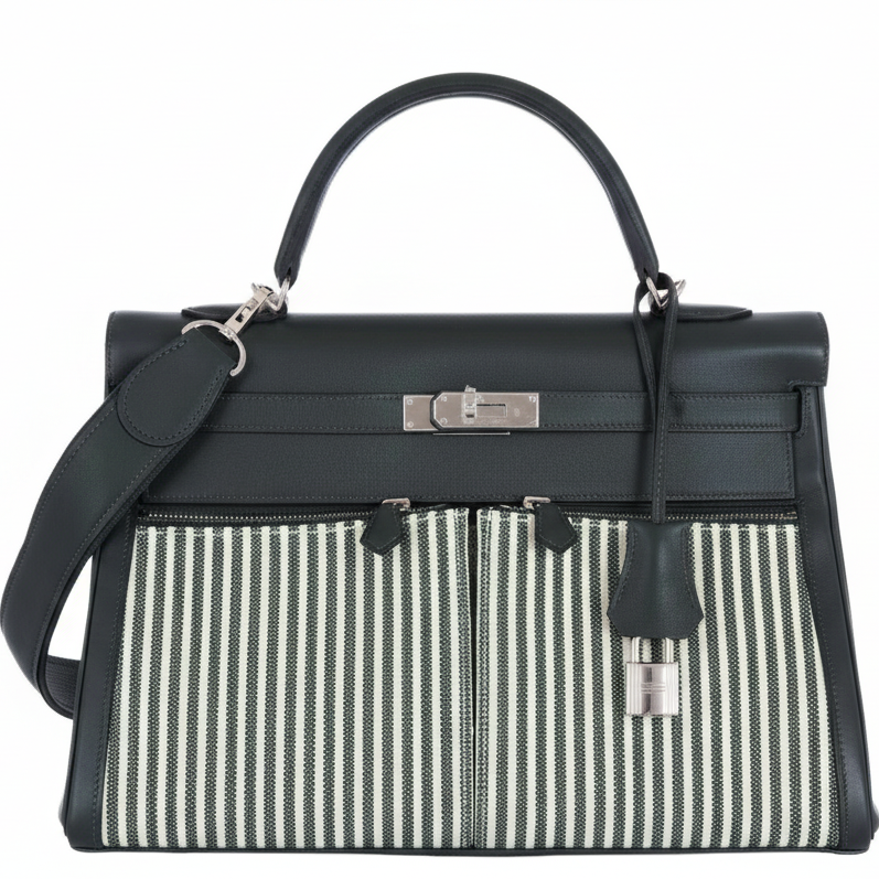 Hermès Kelly 35 Lakis Vert Anglais Swift Toile Riga Palladium Hardware