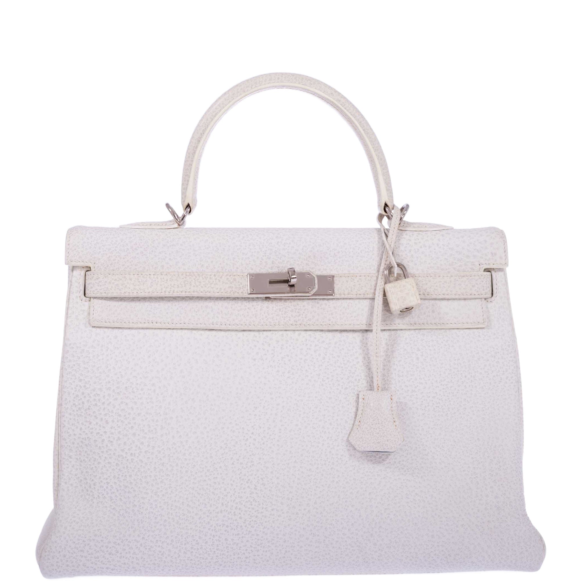 Hermès Kelly 35 Retourne White Dalmatian Buffalo Skipper Palladium Hardware