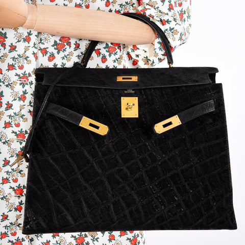 Hermès Kelly 35 Sellier Black Elephant Hide Gold Hardware