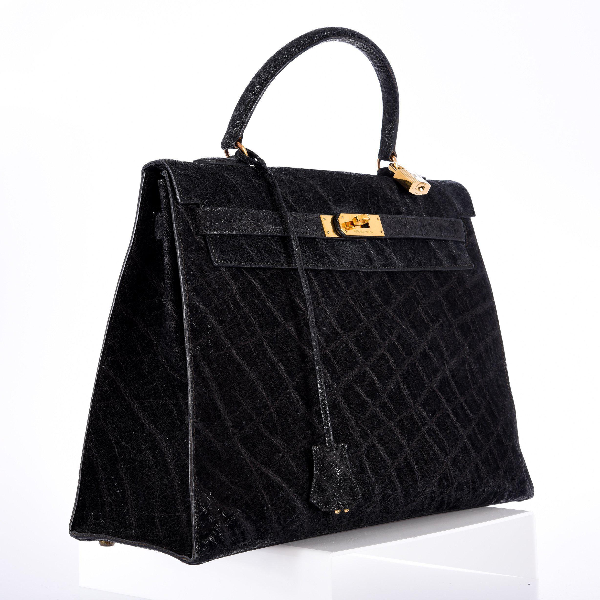 Hermès Kelly 35 Sellier Black Elephant Hide Gold Hardware