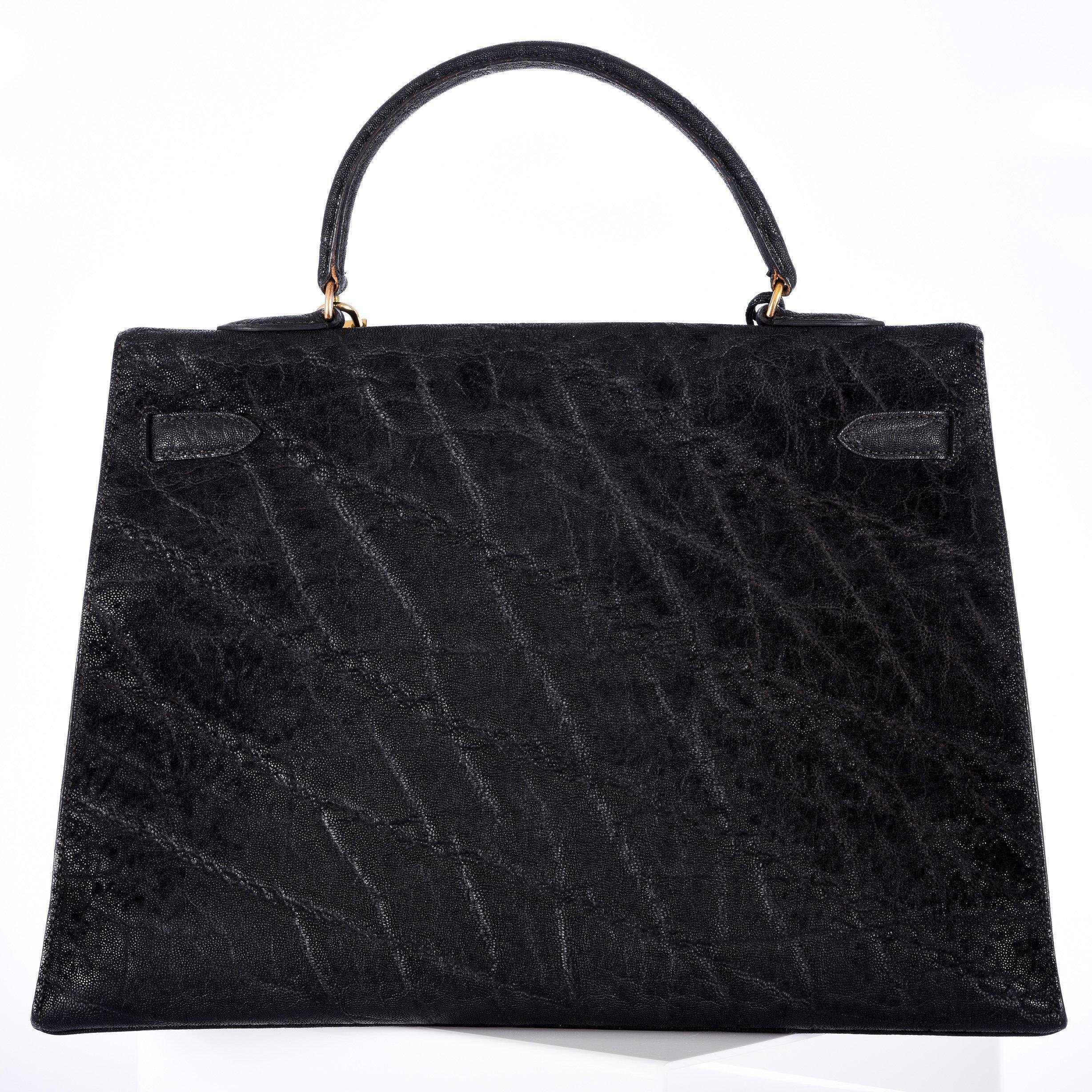 Hermès Kelly 35 Sellier Black Elephant Hide Gold Hardware