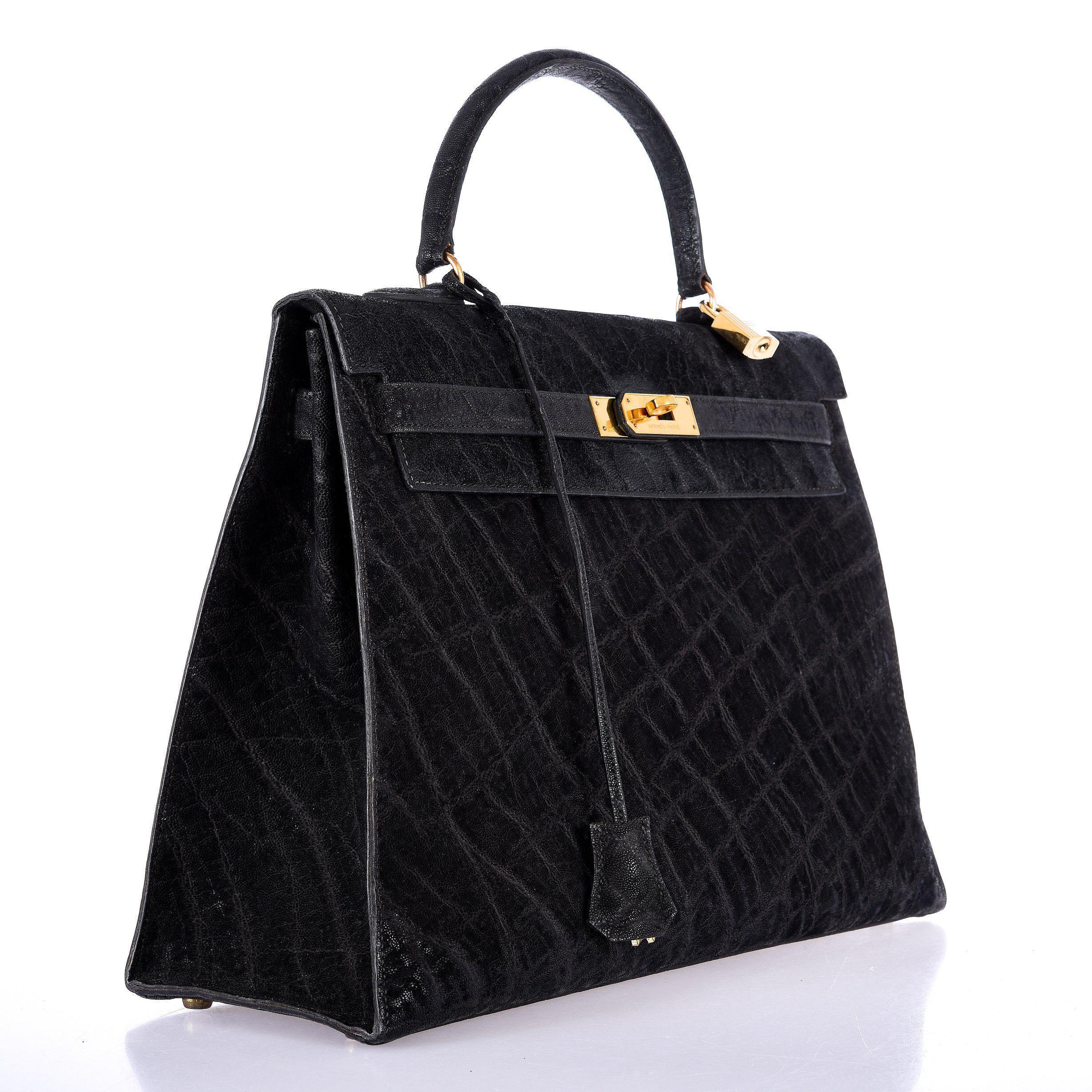 Hermès Kelly 35 Sellier Black Elephant Hide Gold Hardware