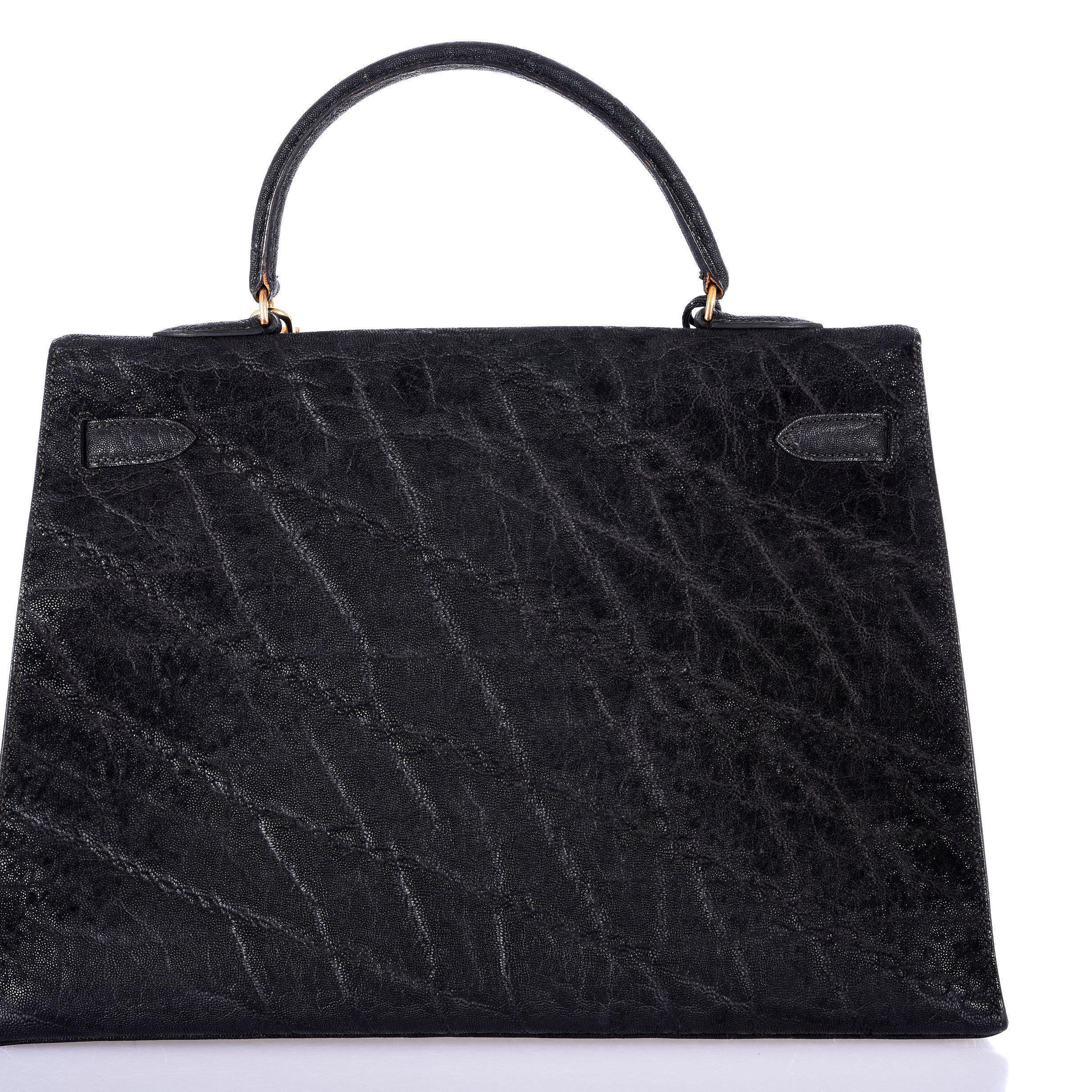 Hermès Kelly 35 Sellier Black Elephant Hide Gold Hardware