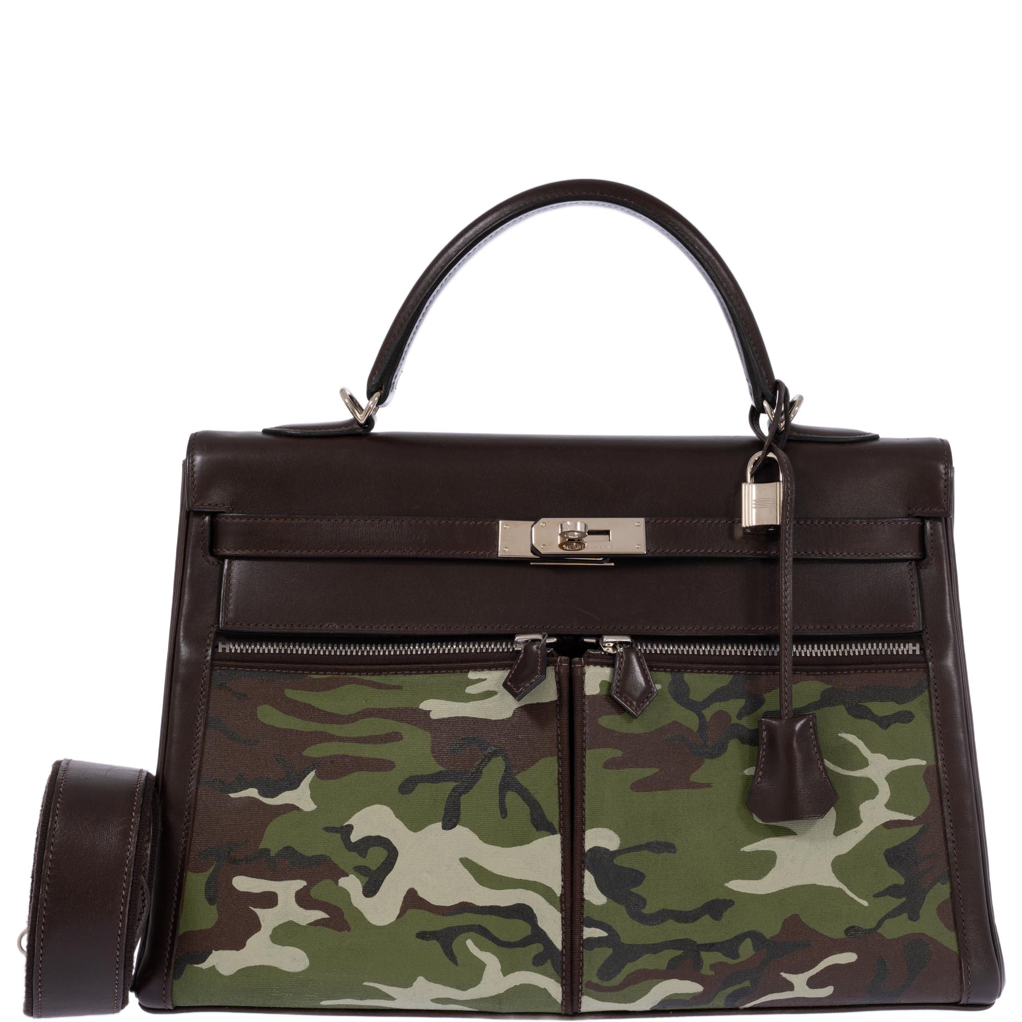 Hermès Kelly 40 Lakis Retourne Brown Swift with JF Custom Graffiti Paint and Canvas Pockets Palladium Hardware