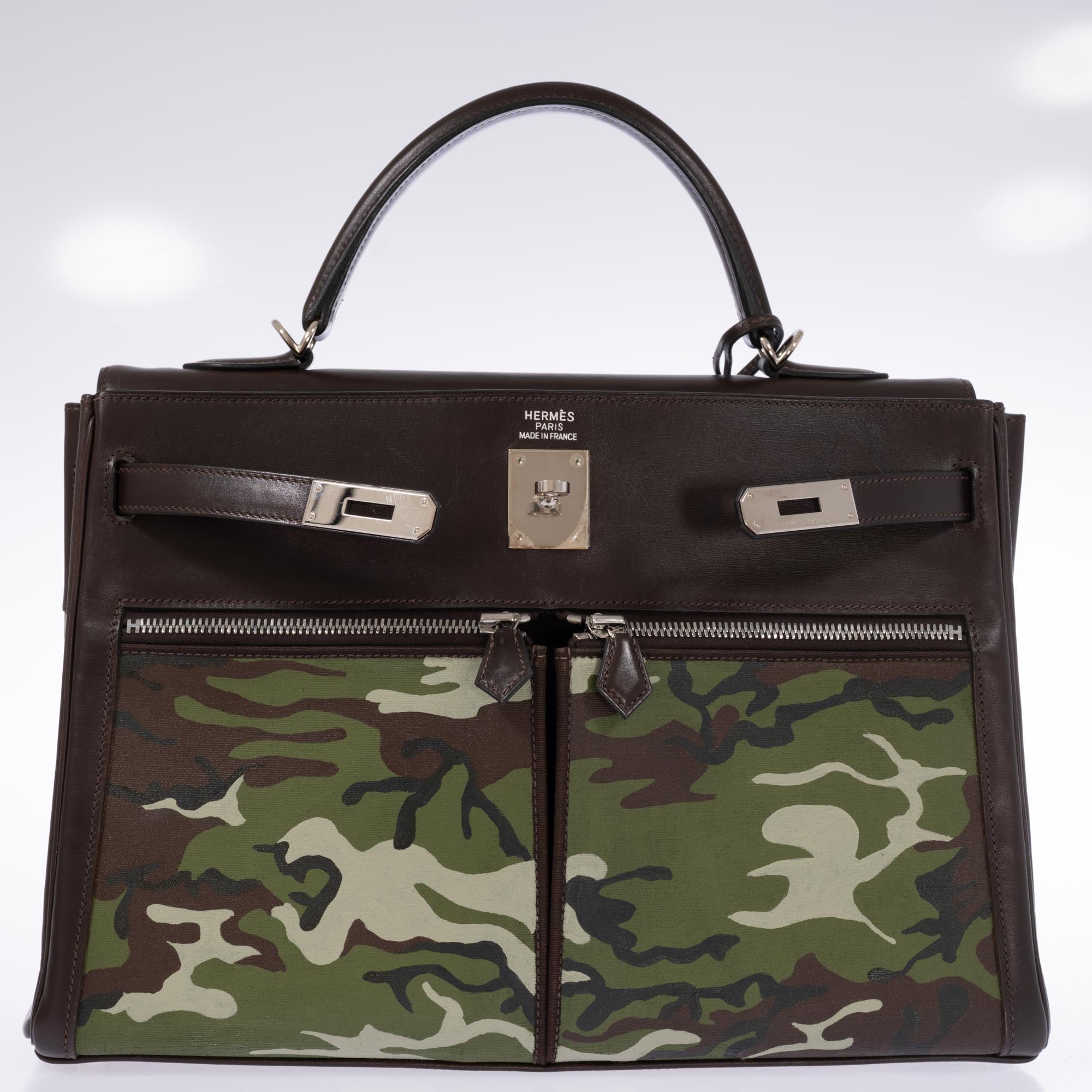 Hermès Kelly 40 Lakis Retourne Brown Swift with JF Custom Graffiti Paint and Canvas Pockets Palladium Hardware