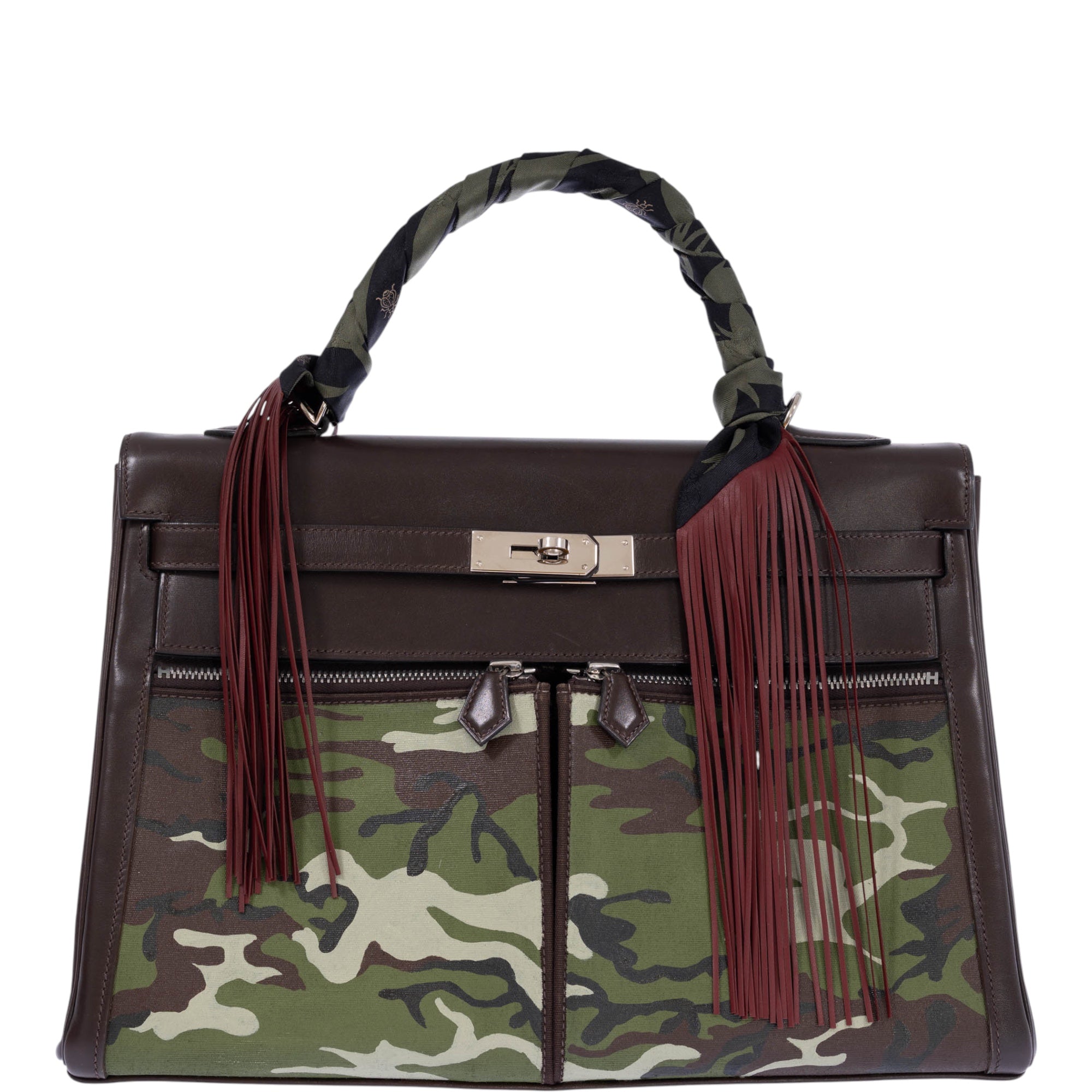 Hermès Kelly 40 Lakis Retourne Havane Swift & Custom Camouflage Canvas Palladium Hardware