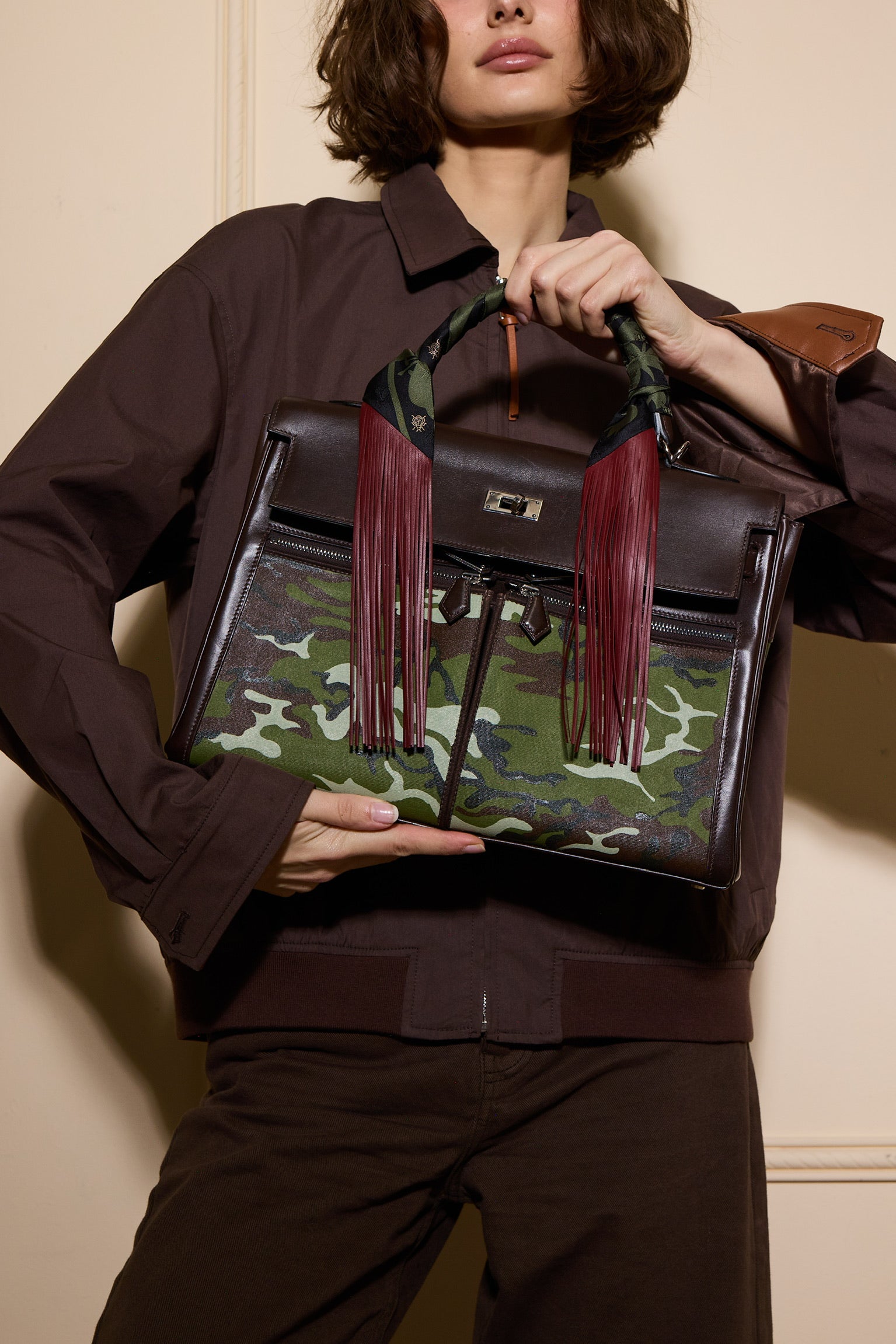 Hermès Kelly 40 Retourne Lakis Havane Swift Custom Camouflage Canvas Palladium Hardware