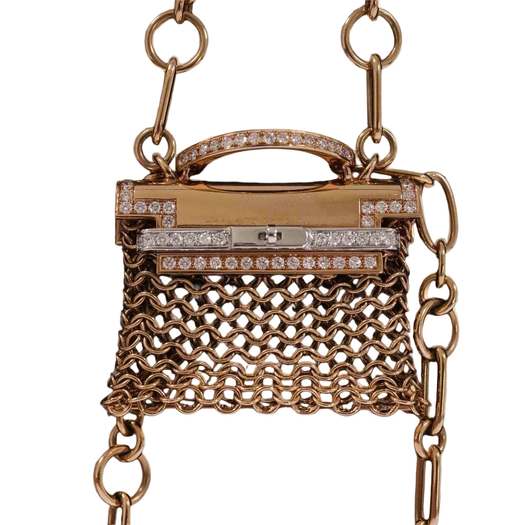 Hermès Kelly Précieux Bijou 18K Rose Gold and Diamond Micro Bag Necklace