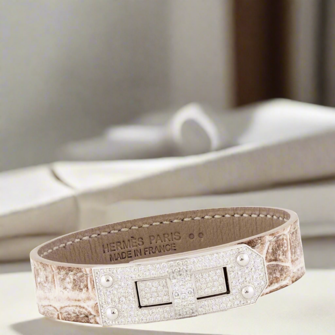 Hermès Kelly Bracelet Himalayan Niloticus Crocodile 18K White Gold & Diamond Pavé