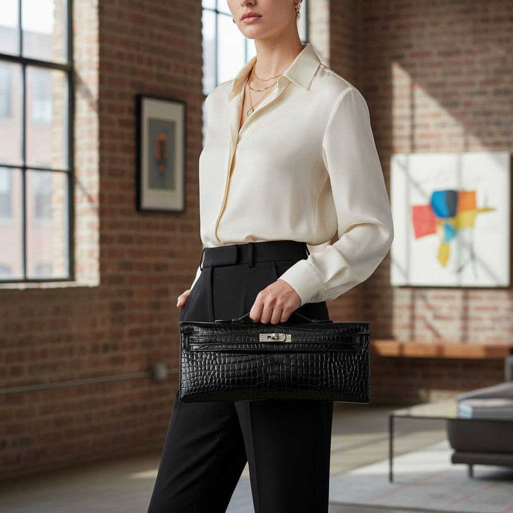 Hermès Kelly Cut Black Shiny Porosus Crocodile Palladium Hardware