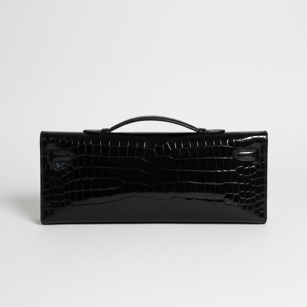 Hermès Kelly Cut Black Shiny Porosus Crocodile Palladium Hardware