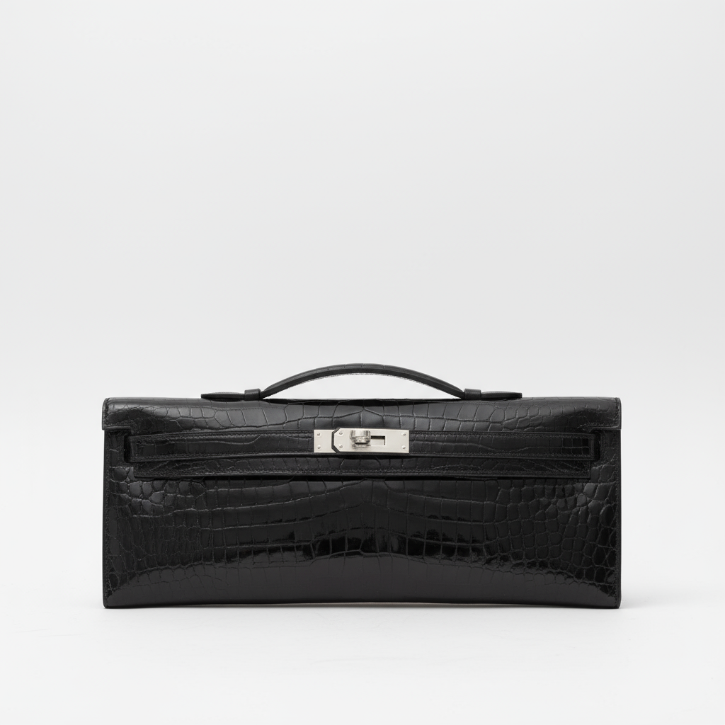 Hermès Kelly Cut Black Shiny Porosus Crocodile Palladium Hardware