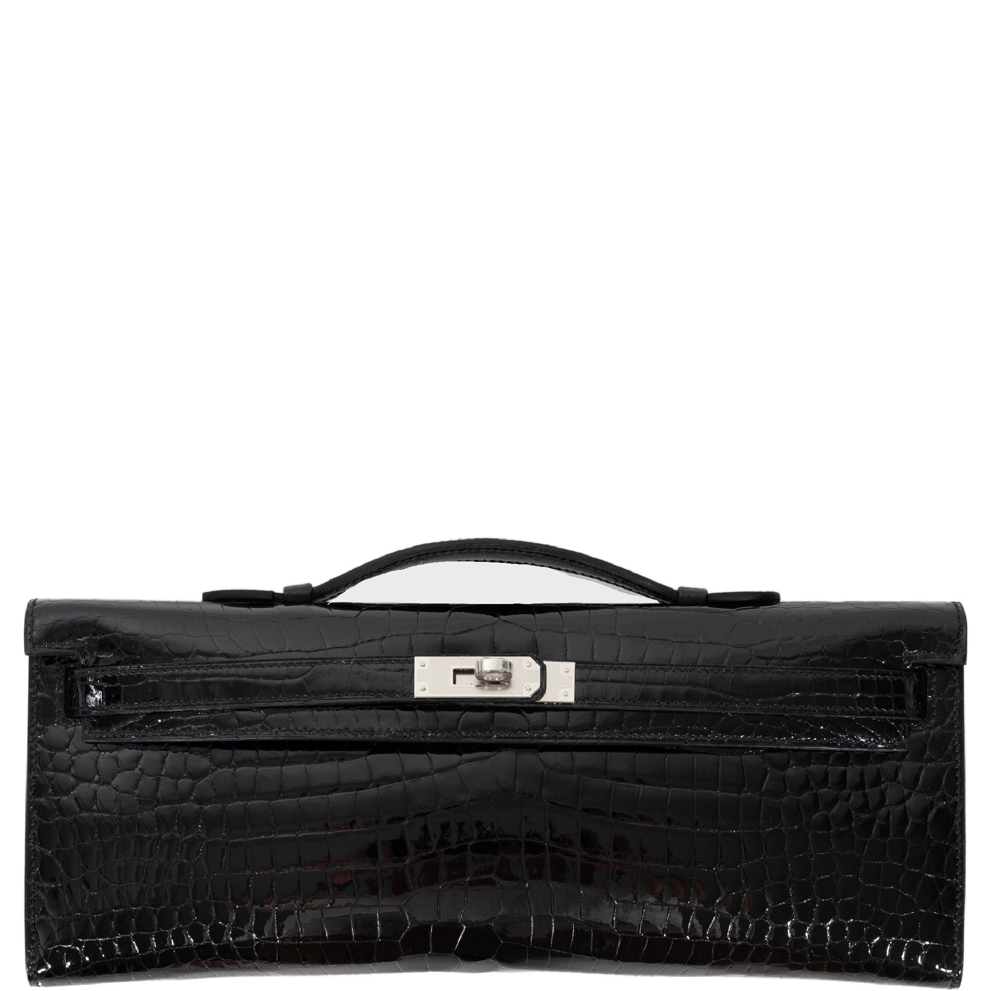 Hermès Kelly Cut Black Shiny Porosus Crocodile Palladium Hardware