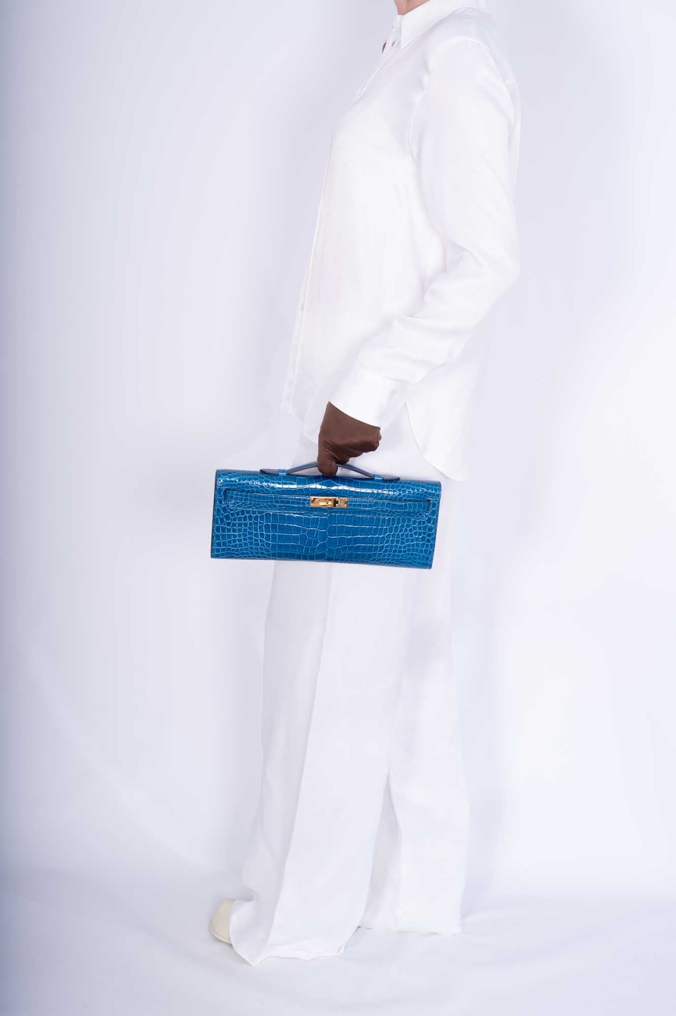 Hermès Kelly Cut Mykonos Porosus Crocodile Gold Hardware
