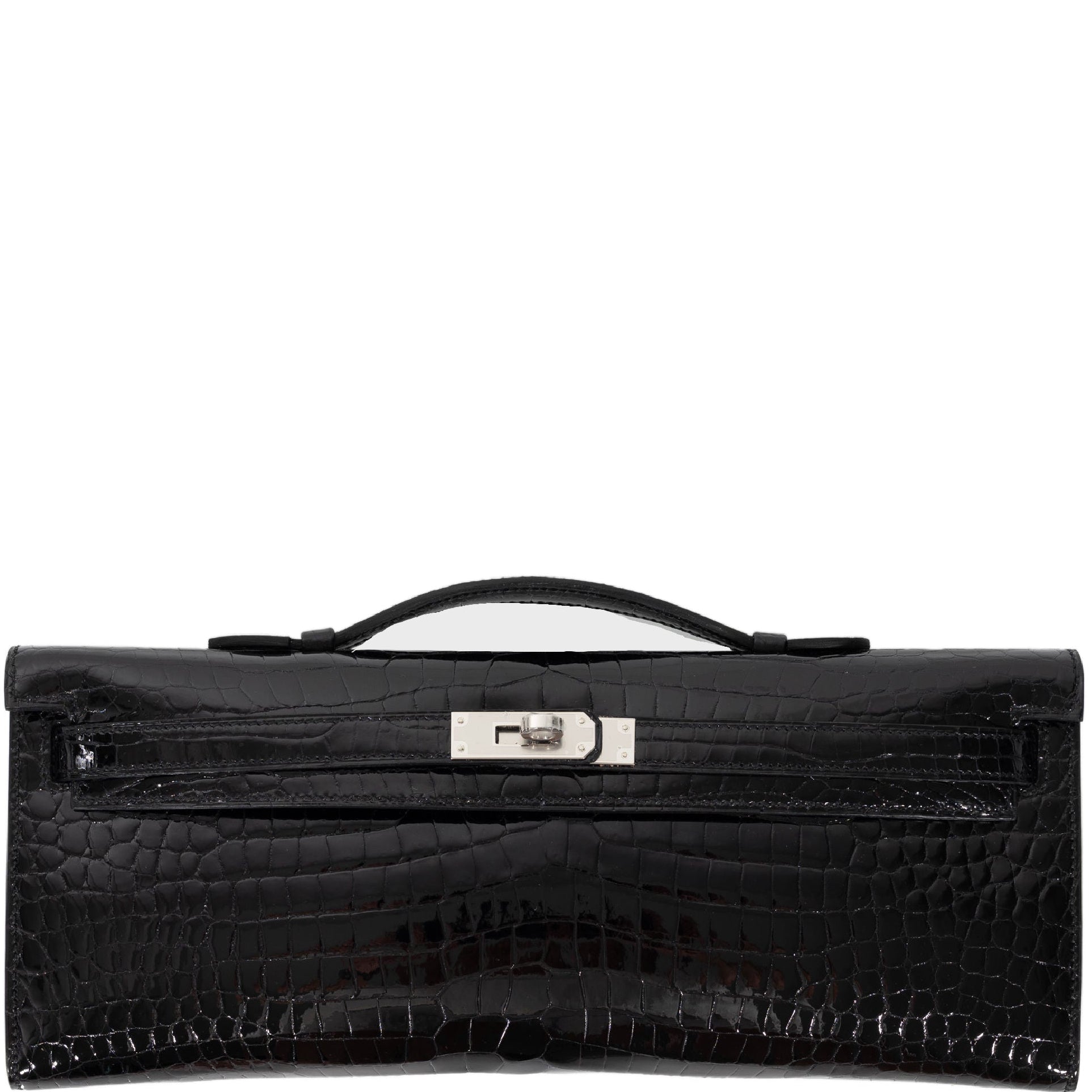 Hermès Kelly Cut Noir Shiny Porosus Crocodile Palladium Hardware