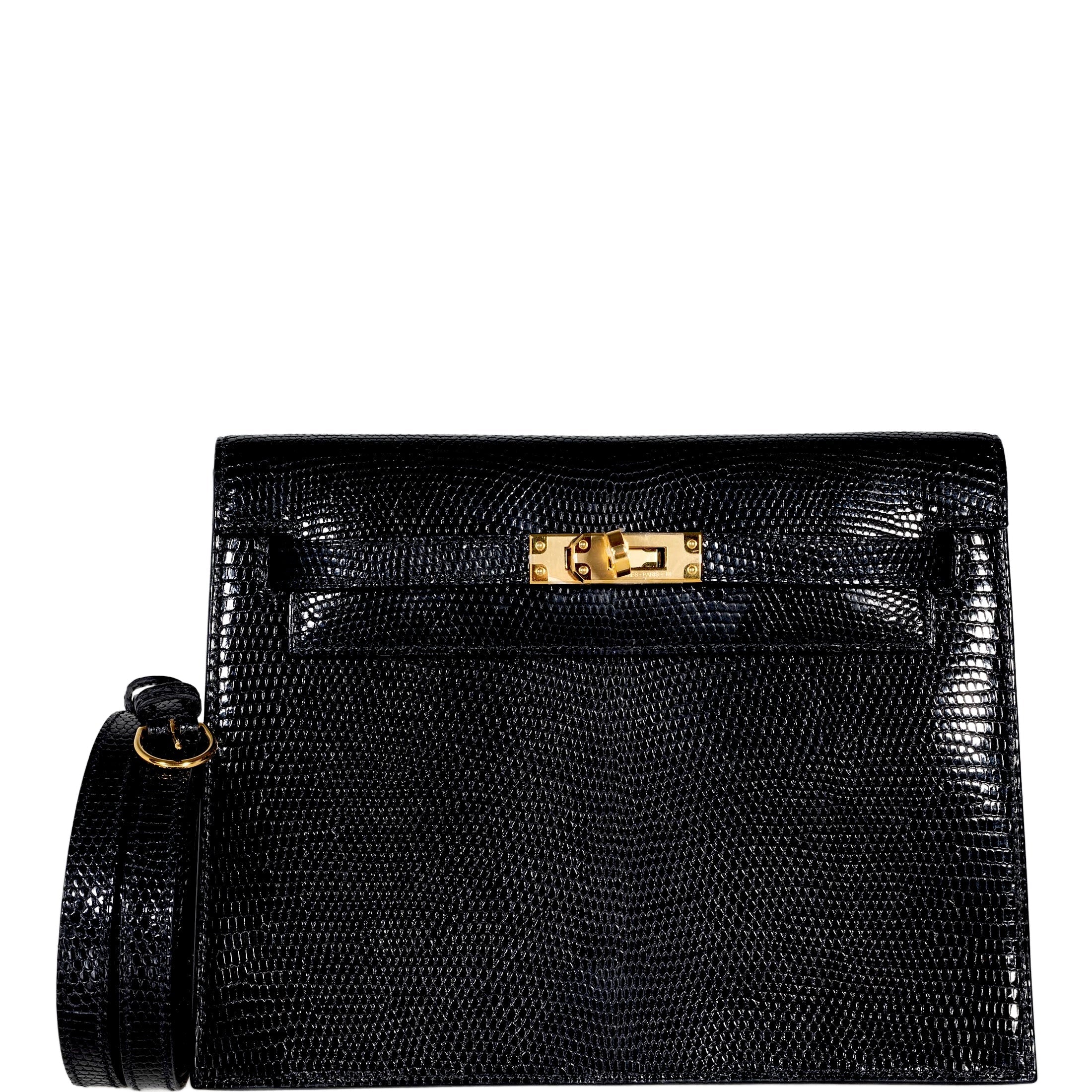 Hermès Kelly Danse II Black Shiny Nilo Lizard Gold Hardware