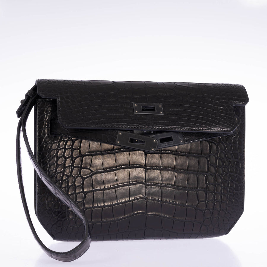 Hermès Kelly Dépêches Pochette 25 Black Matte Alligator PVD Hardware