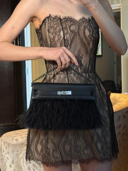 Hermès Kelly Élan 28 "Plumes" Black Ostrich Feather & Chèvre Chamkila Palladium Hardware