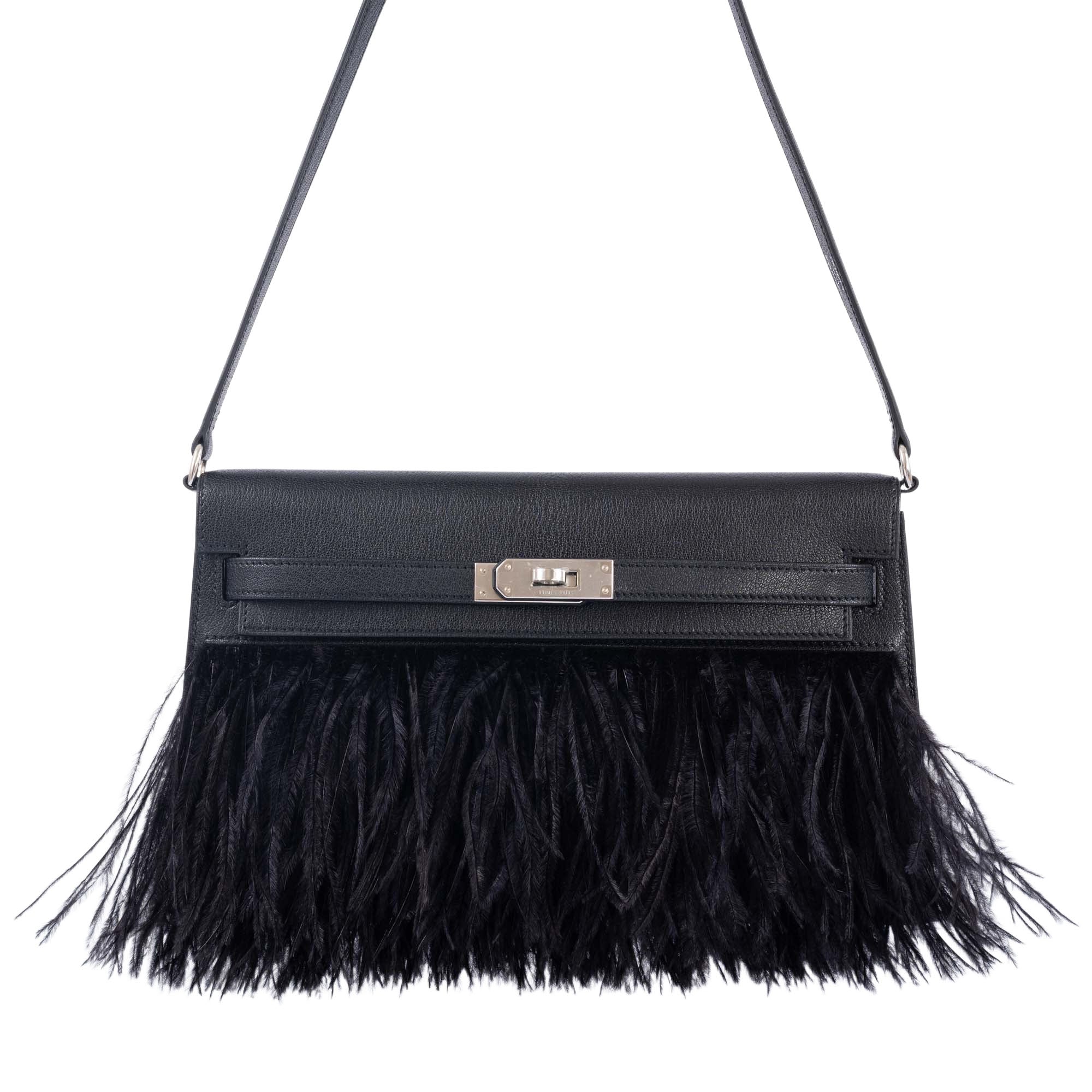 Hermès Kelly Élan 28 "Plumes" Black Ostrich Feather & Chèvre Chamkila Palladium Hardware