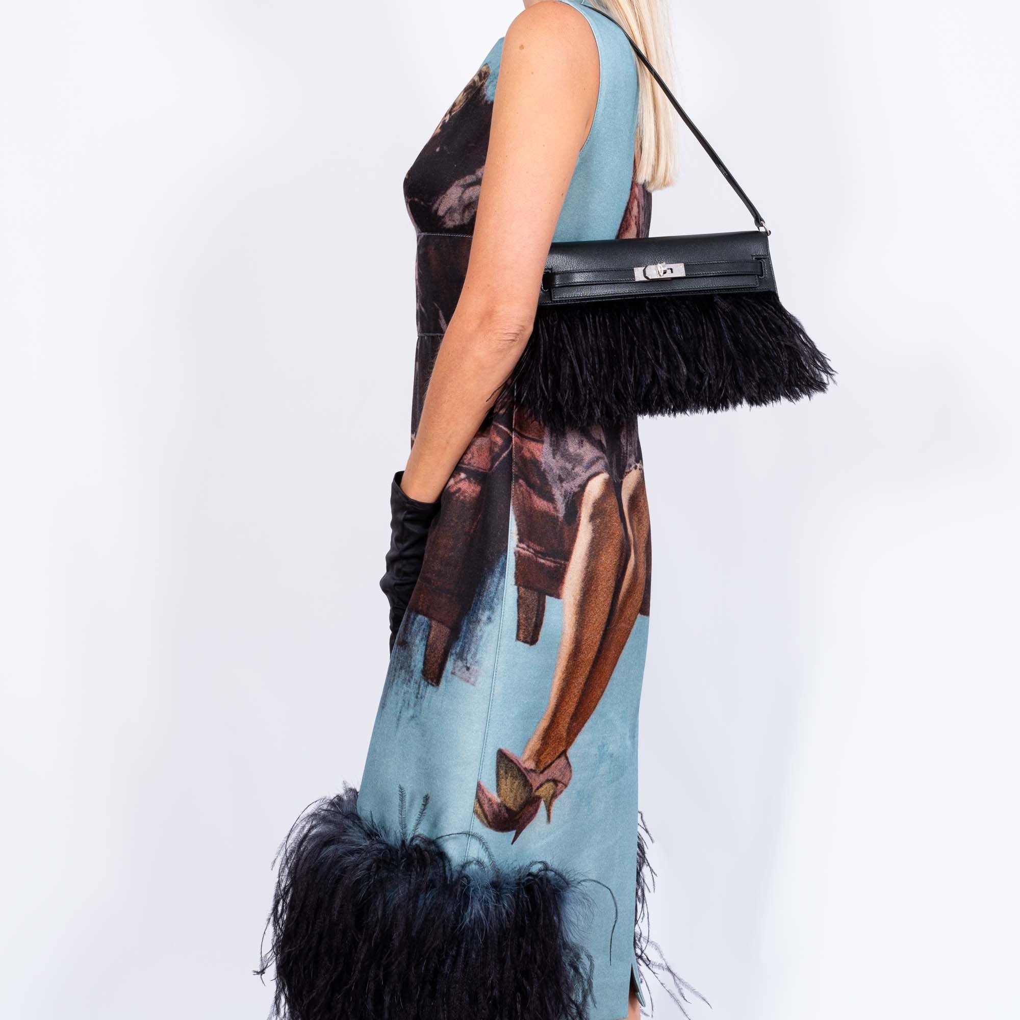 Hermès Kelly Élan 28 "Plumes" Black Ostrich Feather & Chèvre Chamkila Palladium Hardware