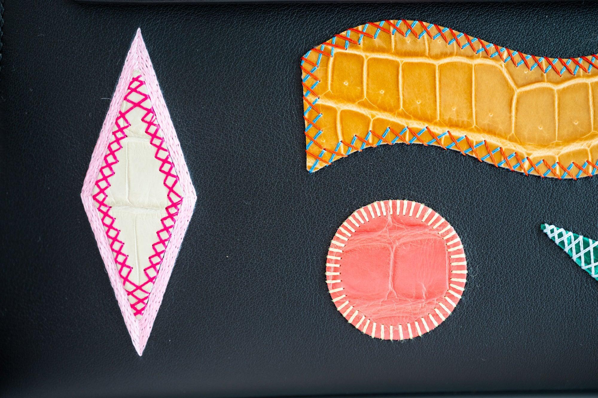 Hermès Kelly Élan Broderie Collage Noir Swift, Shiny Niloticus Crocodile and Alligator Palladium Hardware