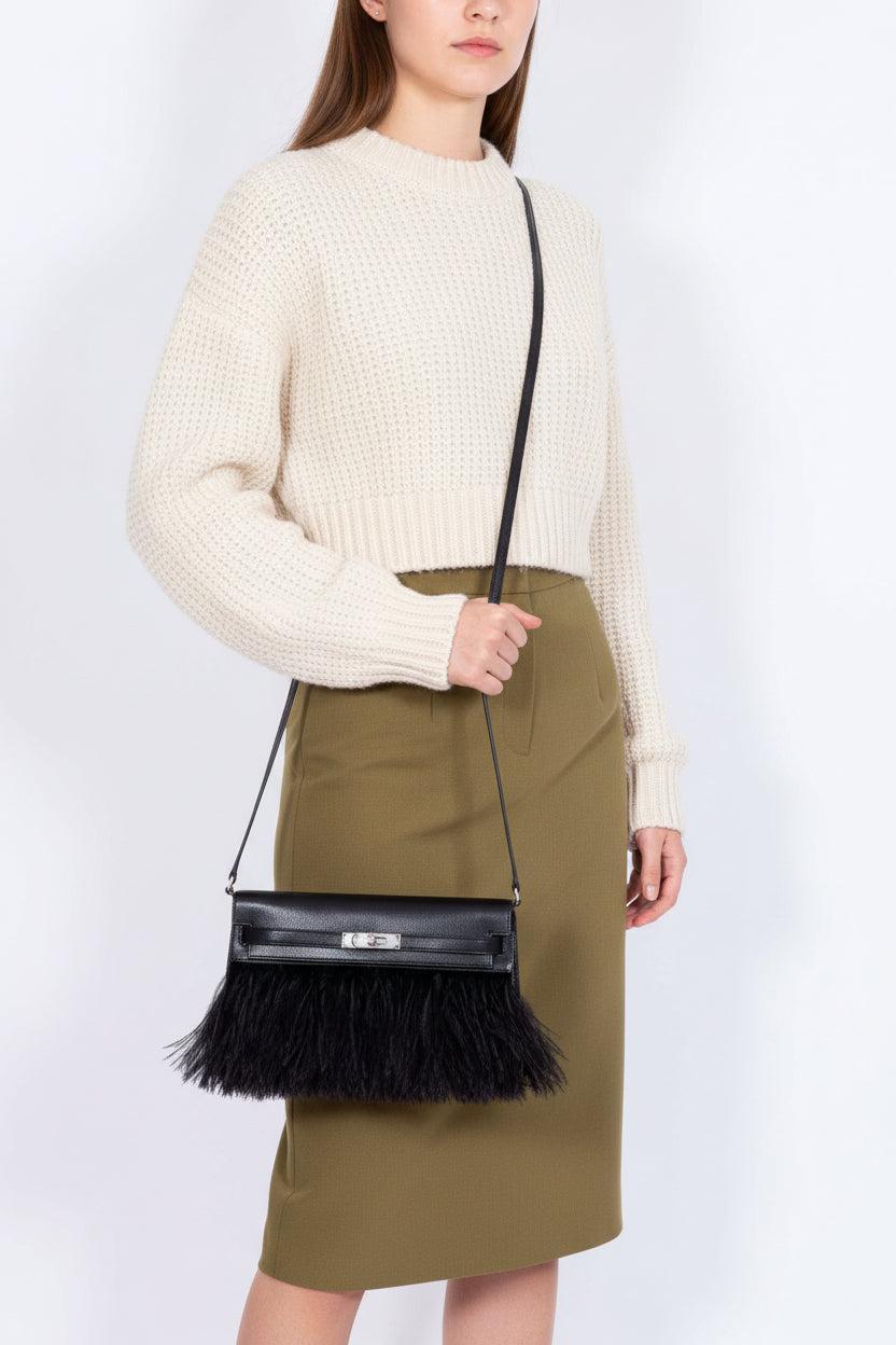 Hermès Kelly Élan Folie Noir Chèvre Chamkila and Ostrich Feather Palladium Hardware