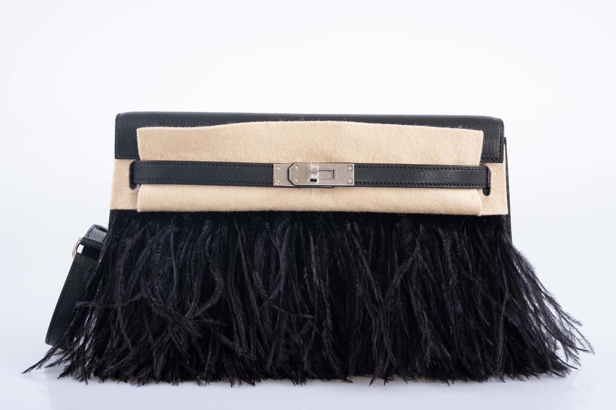 Hermès Kelly Élan Folie Noir Chèvre Chamkila and Ostrich Feather Palladium Hardware