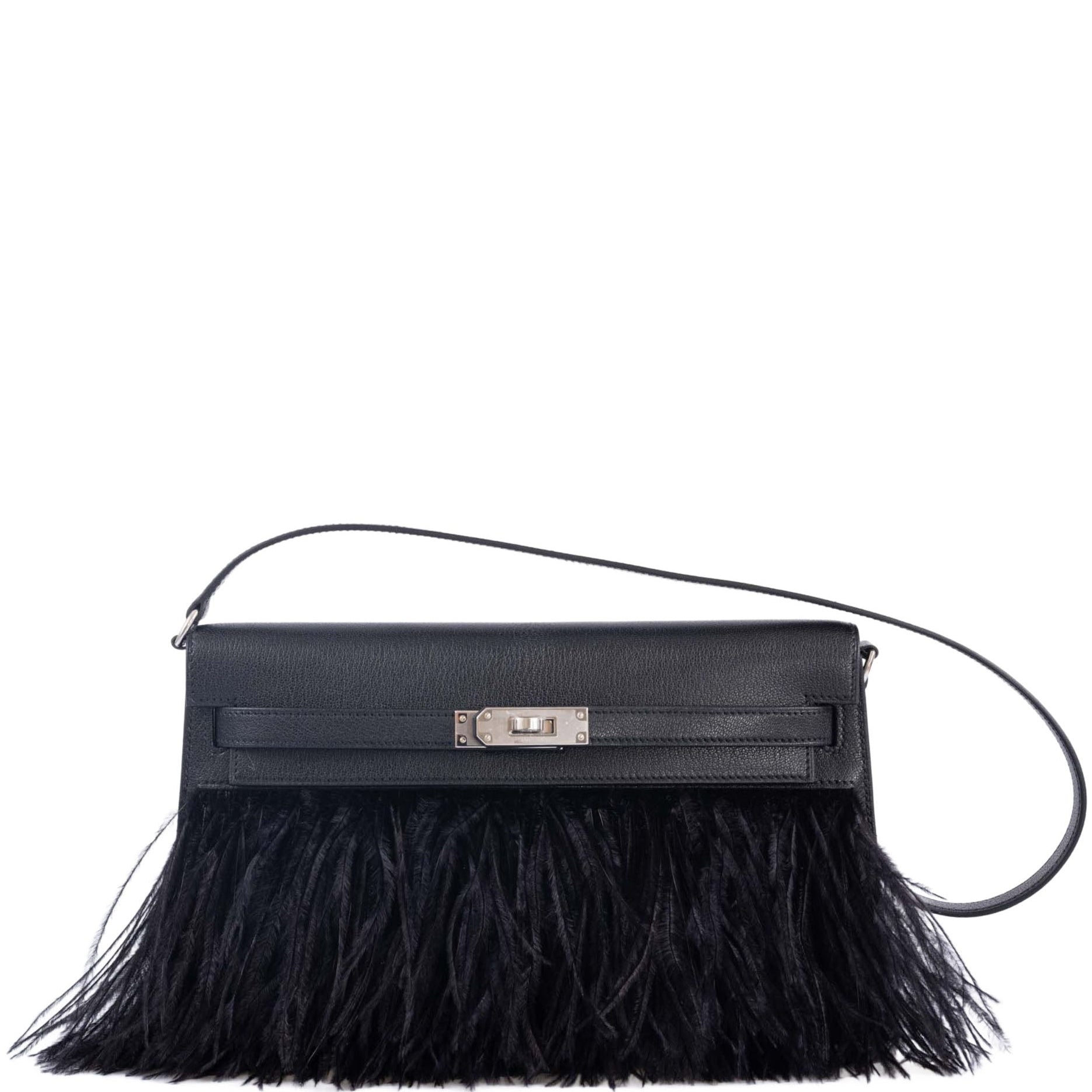 Hermès Kelly Élan Folie Noir Chèvre Chamkila and Ostrich Feather Palladium Hardware