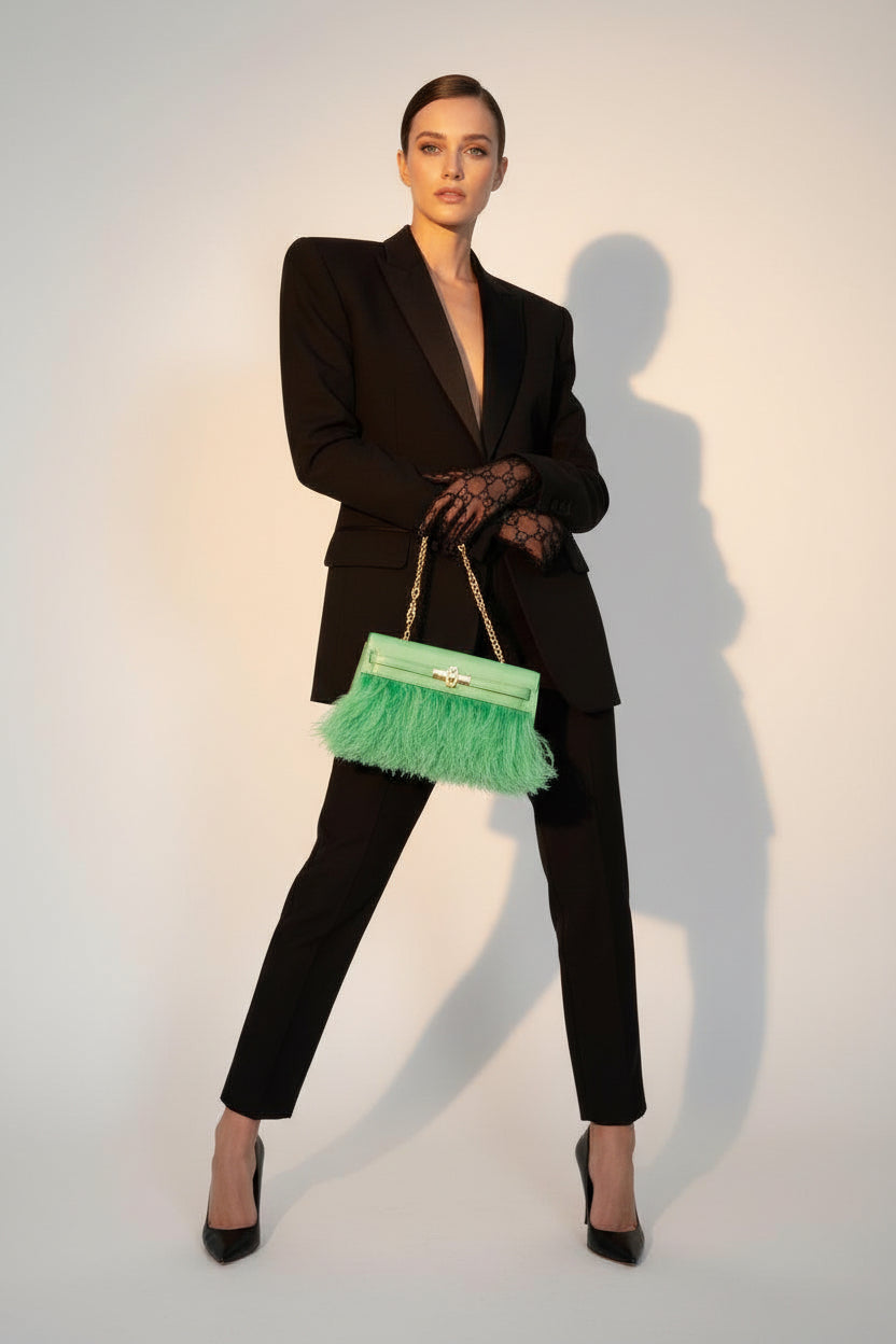 Hermès Kelly Élan Folie Vert Comics Chèvre Chamkila and Ostrich Feather Palladium Hardware