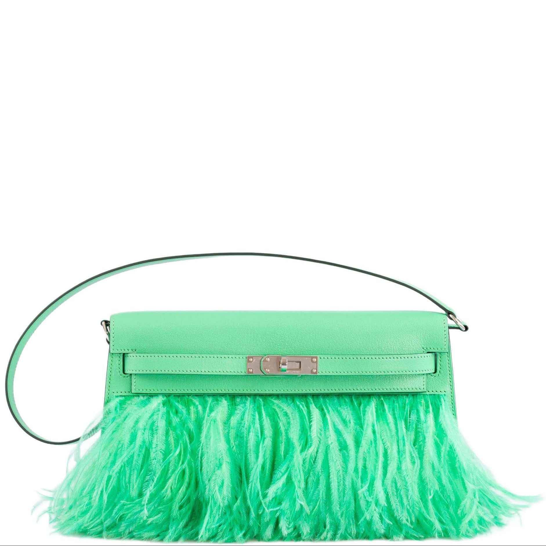 Hermès Kelly Élan Folie Vert Comics Chèvre Chamkila and Ostrich Feather Palladium Hardware