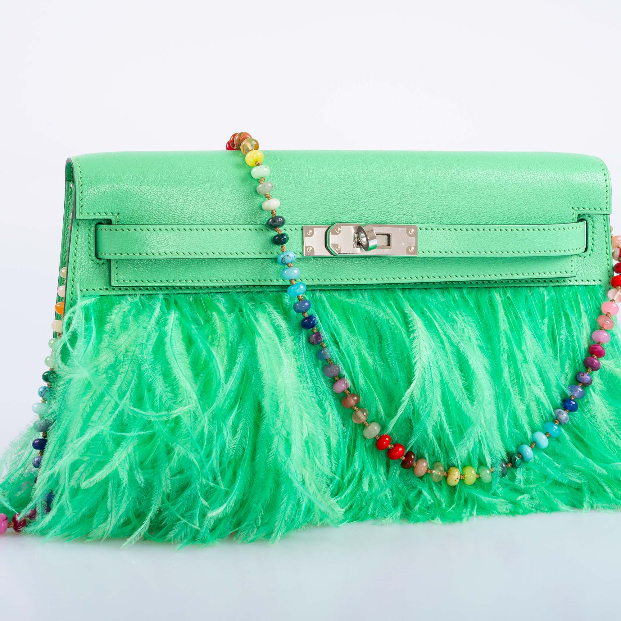 Hermès Kelly Élan "Plumes" Vert Comics Chèvre Chamkila & Ostrich Feather Palladium Hardware