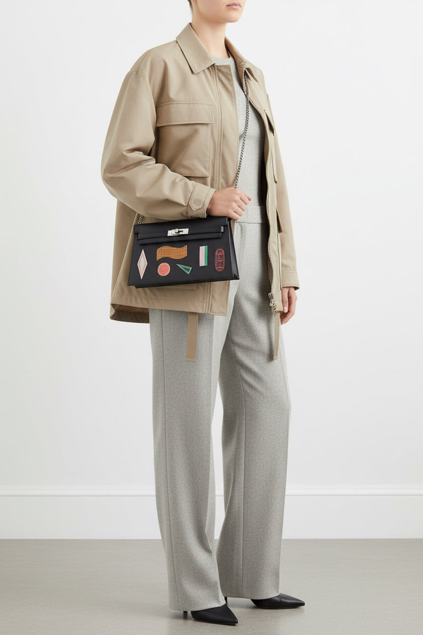 Hermès Kelly Élan Broderie Collage Noir Swift, Shiny Niloticus Crocodile and Alligator Palladium Hardware