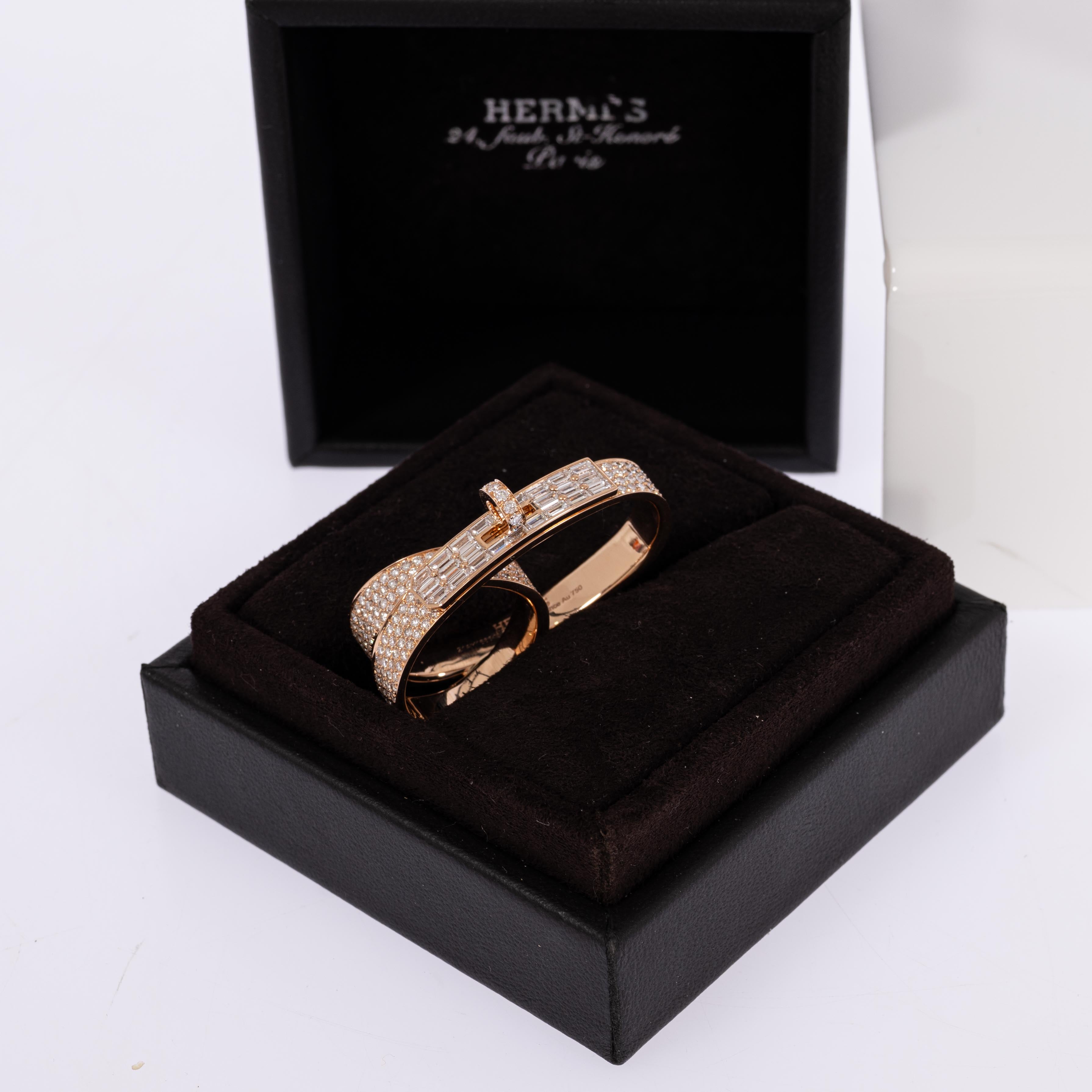 Hermès Kelly Gavroche Double Ring 18K Rose Gold Diamond Baguette & Pavé FR 52