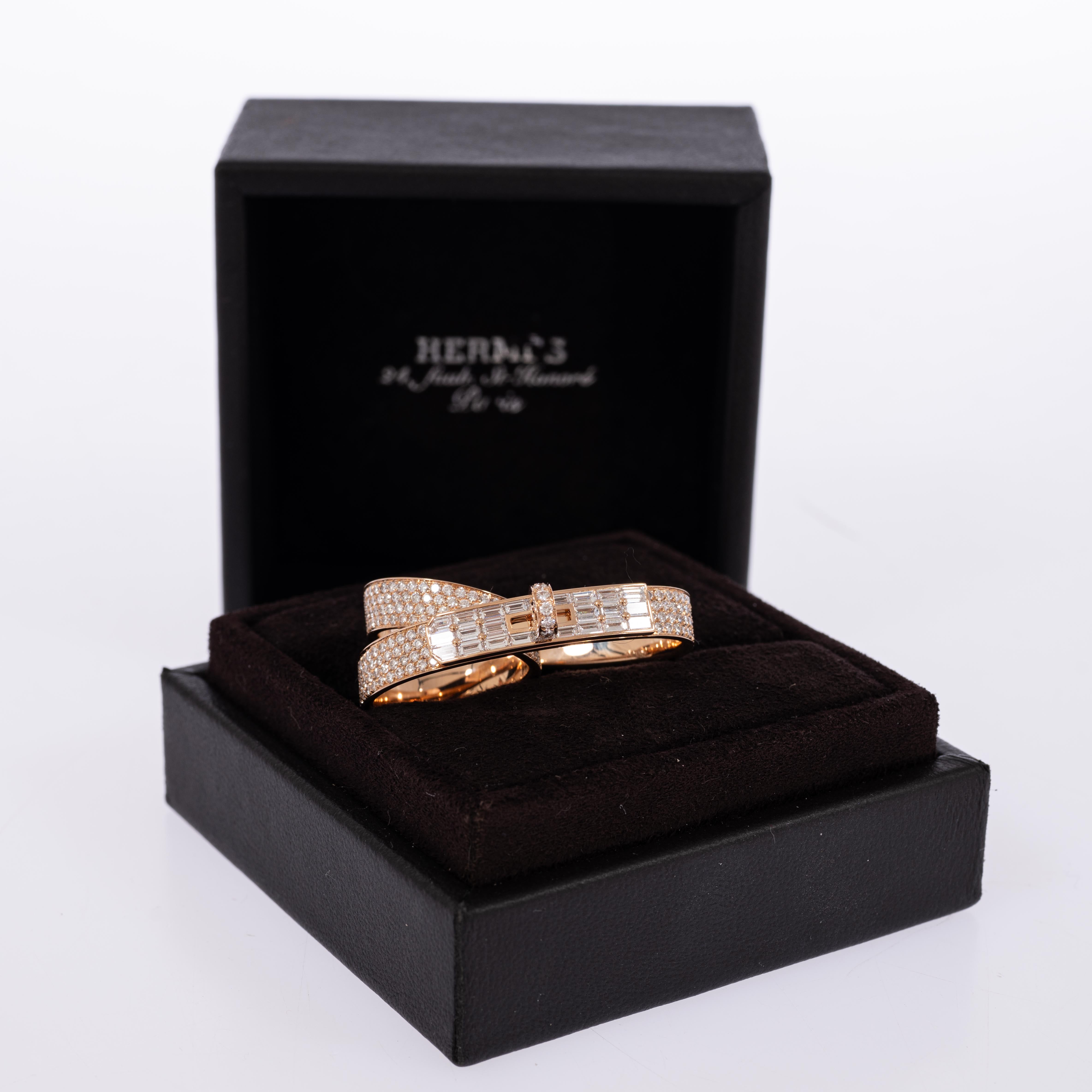 Hermès Kelly Gavroche Double Ring 18K Rose Gold Diamond Baguette & Pavé FR 52