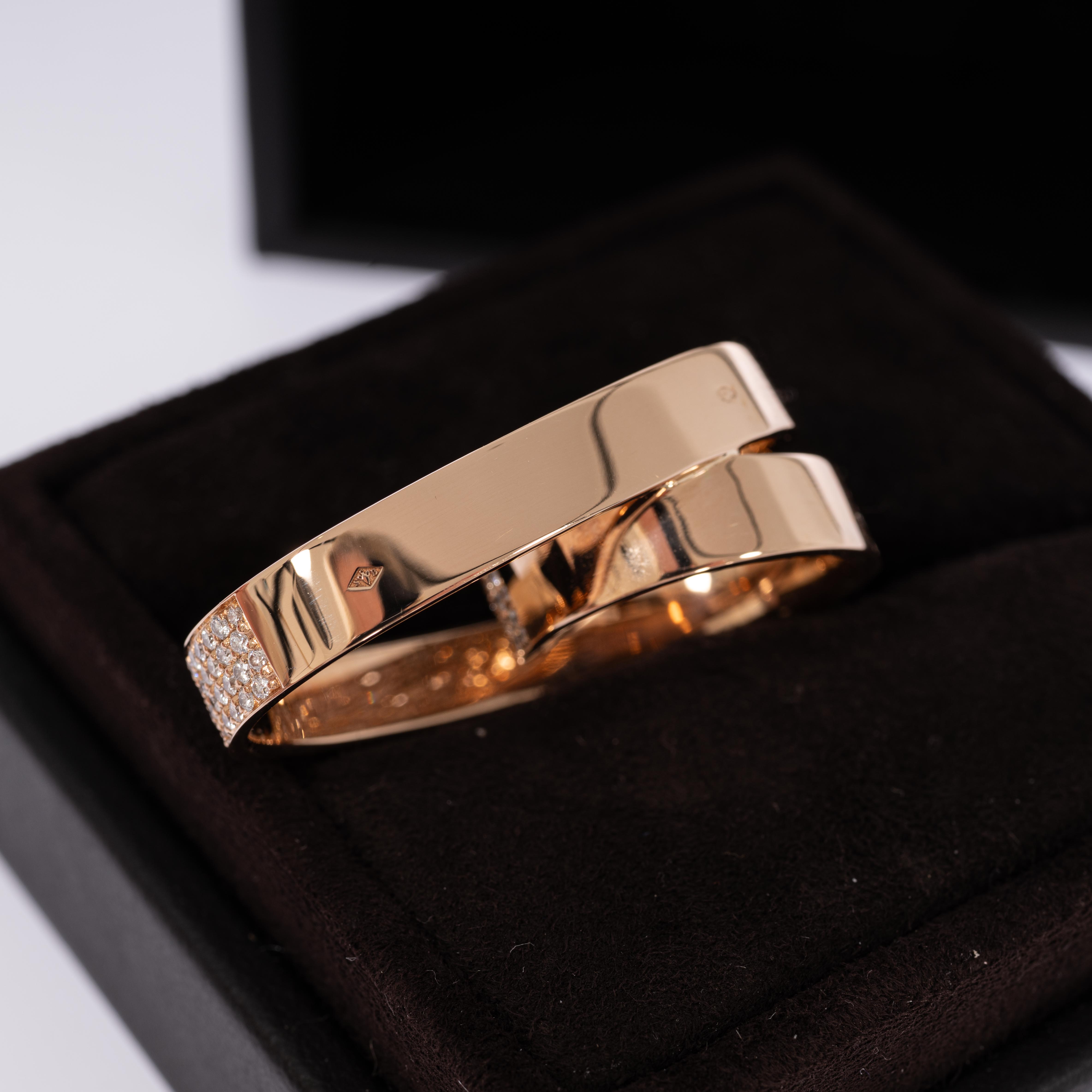 Hermès Kelly Gavroche Double Ring 18K Rose Gold Diamond Baguette & Pavé FR 52