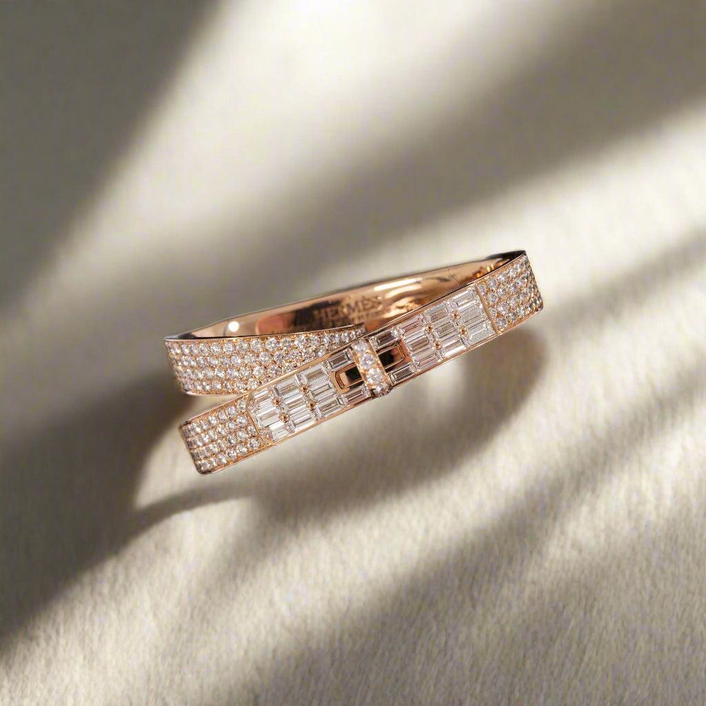 Hermès Kelly Gavroche Double Ring 18K Rose Gold Diamond Baguette & Pavé FR 52