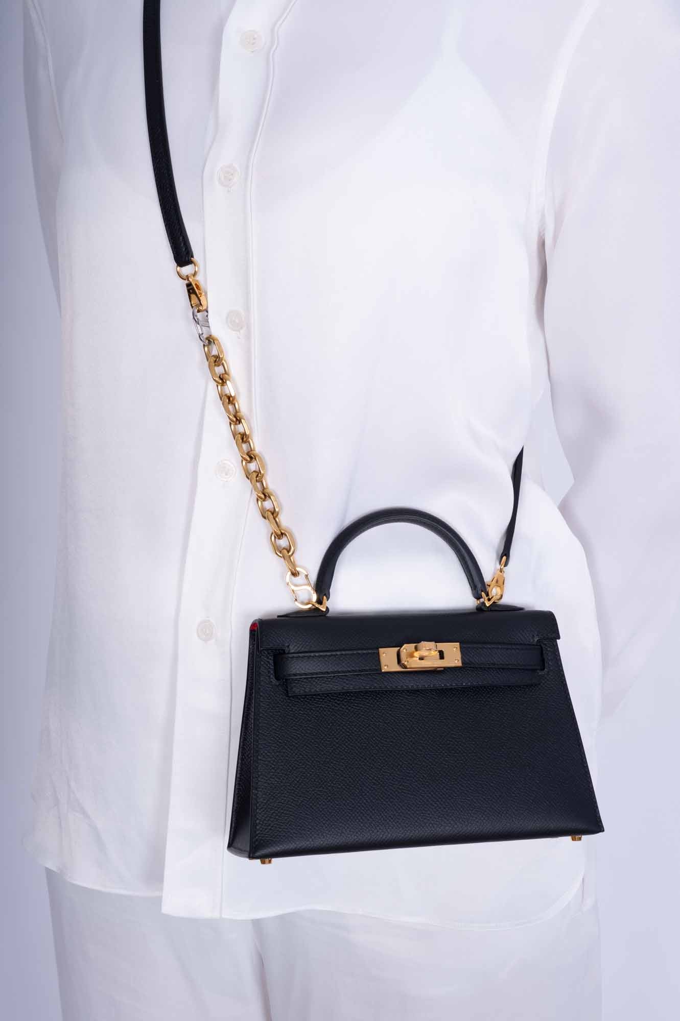 Hermès Kelly HSS Mini 20 Sellier Black Epsom with Rouge Casaque Interior Gold Hardware