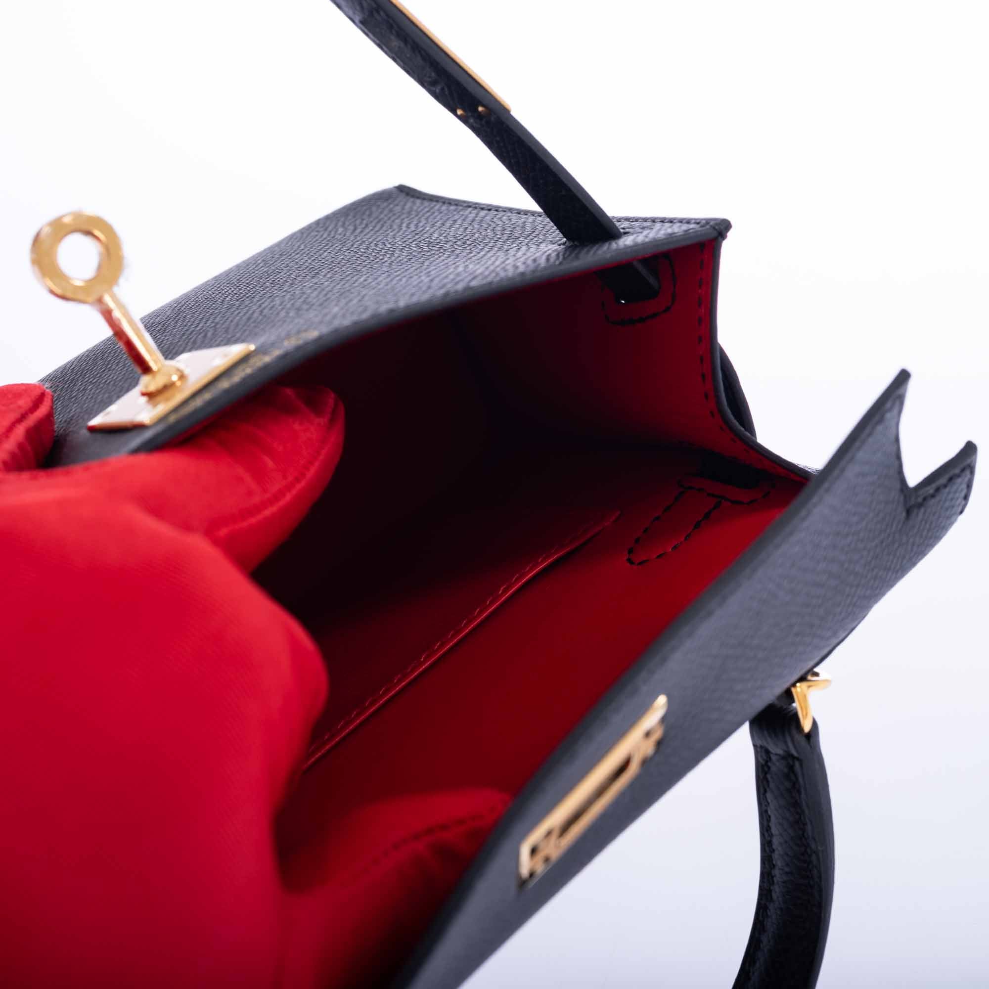 Hermès Kelly HSS Mini 20 Sellier Black Epsom with Rouge Casaque Interior Gold Hardware