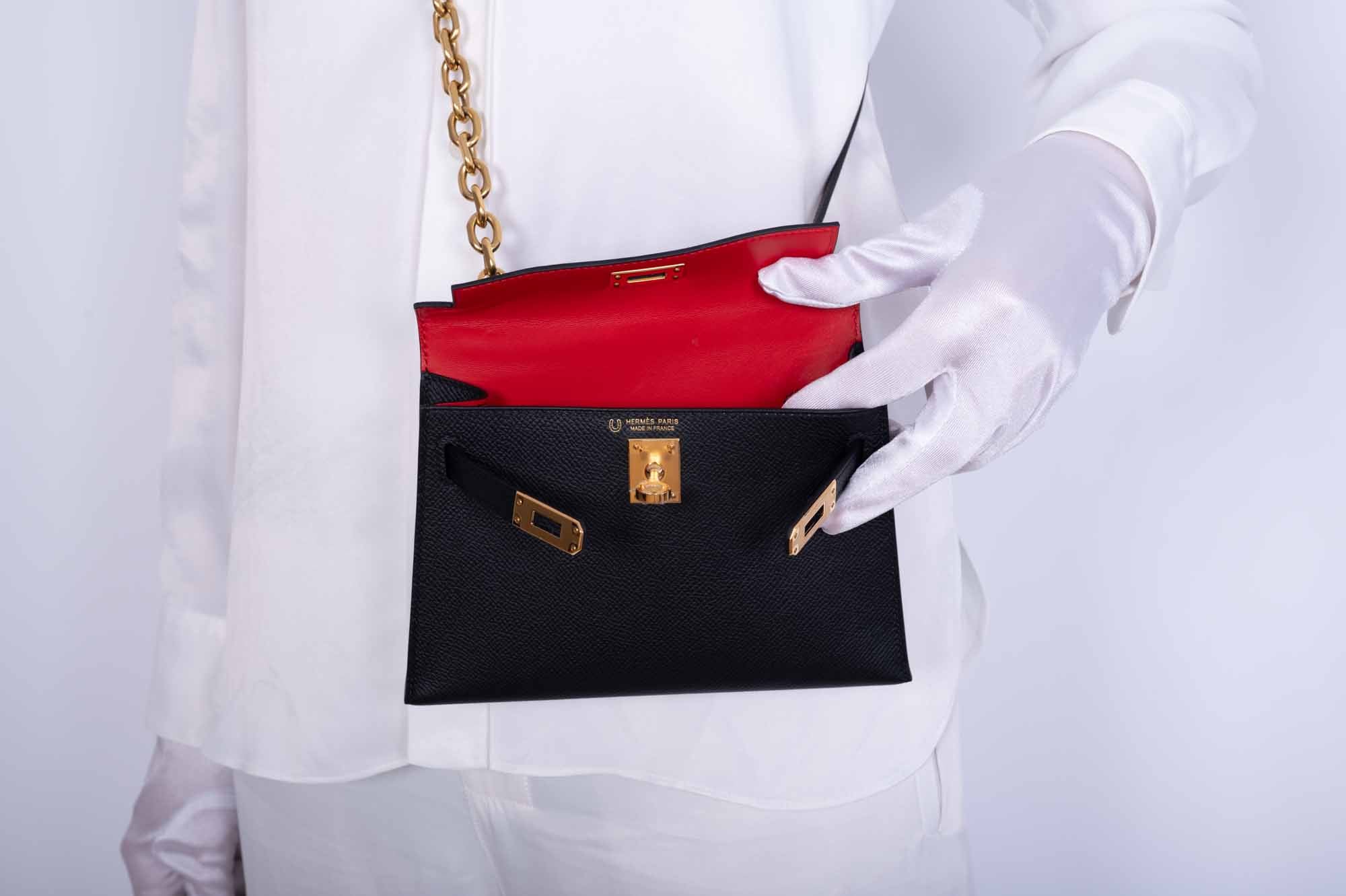 Hermès Kelly HSS Mini 20 Sellier Black Epsom with Rouge Casaque Interior Gold Hardware