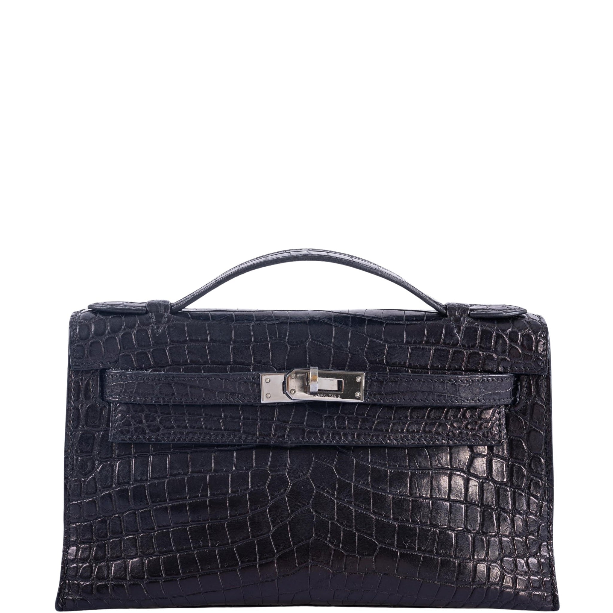 Hermes Mini Kelly Pochette 22cm Bag Shiny Crocodile Skin Palladium