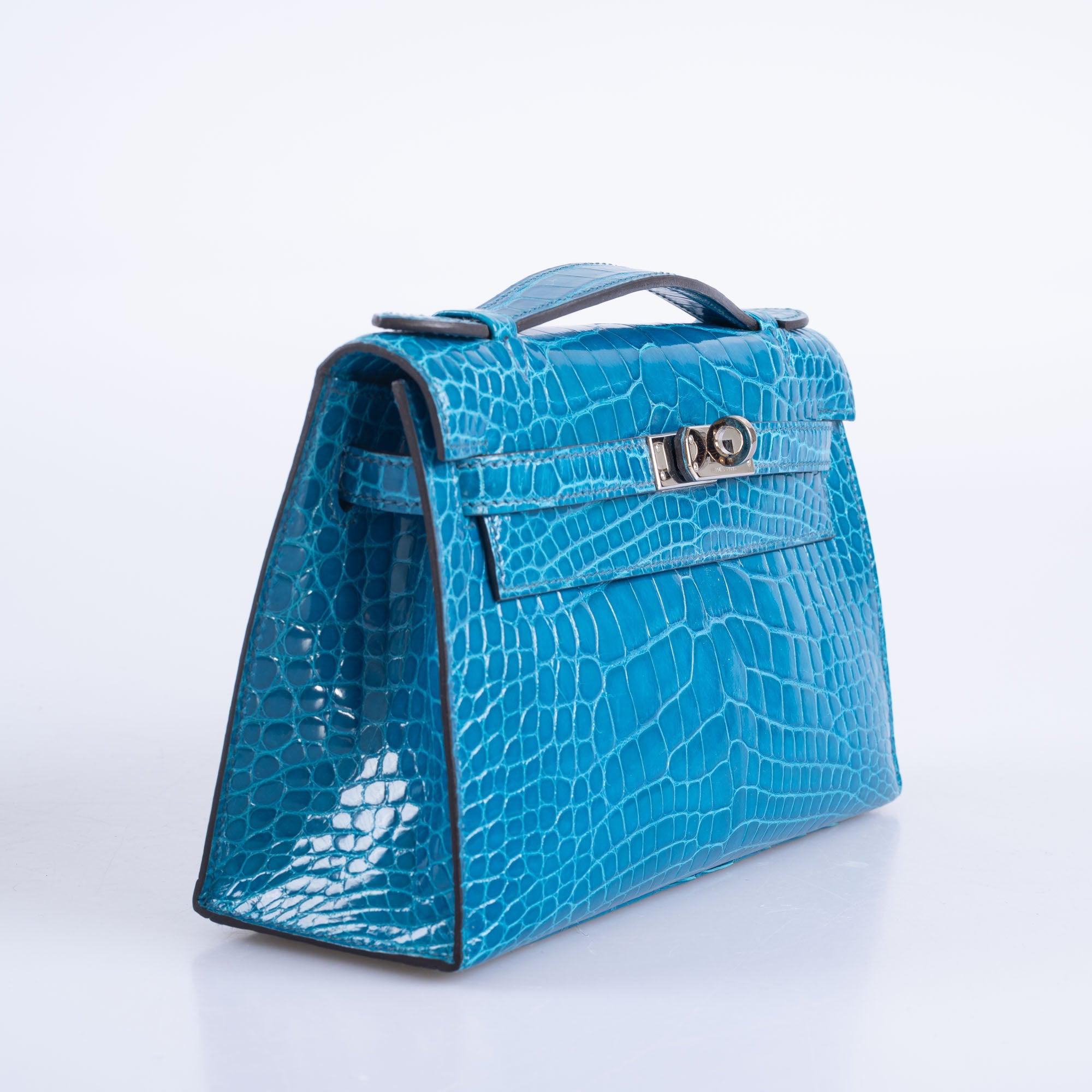 Hermès Kelly Pochette Blue Izmir Shiny Alligator Palladium Hardware