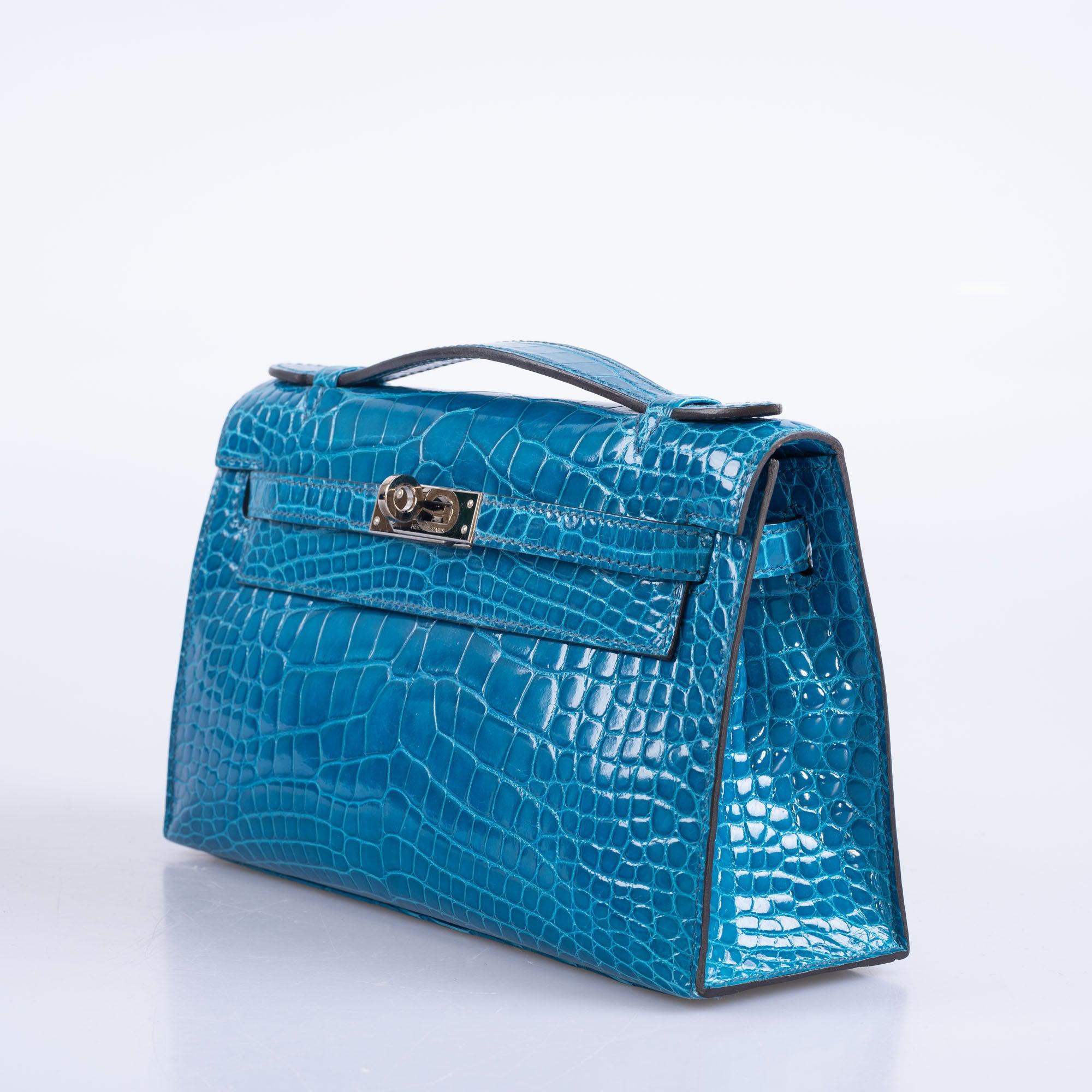 Hermès Kelly Pochette Blue Izmir Shiny Alligator Palladium Hardware