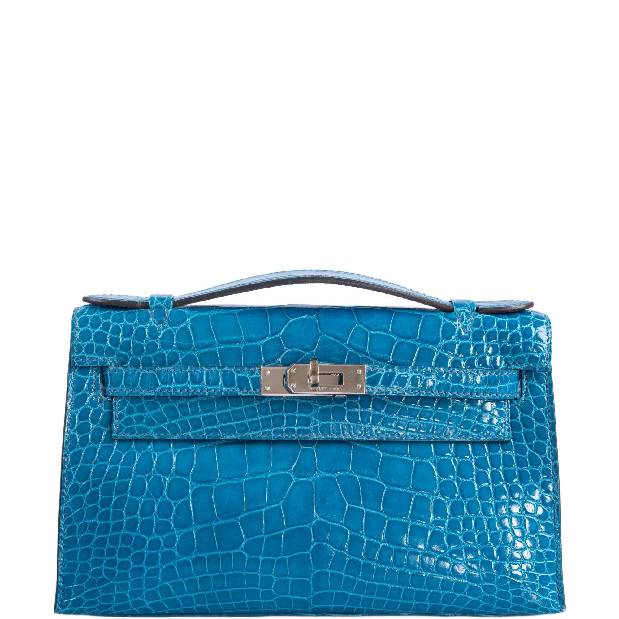 Hermès Kelly Pochette Blue Izmir Shiny Alligator Palladium Hardware