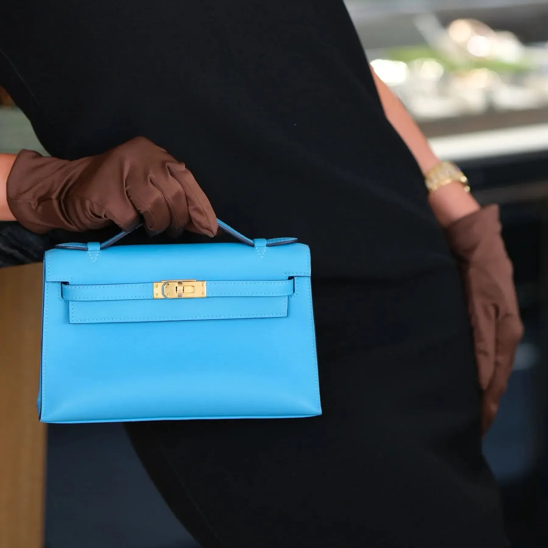 Hermès Kelly Pochette Celeste Swift with Gold Hardware